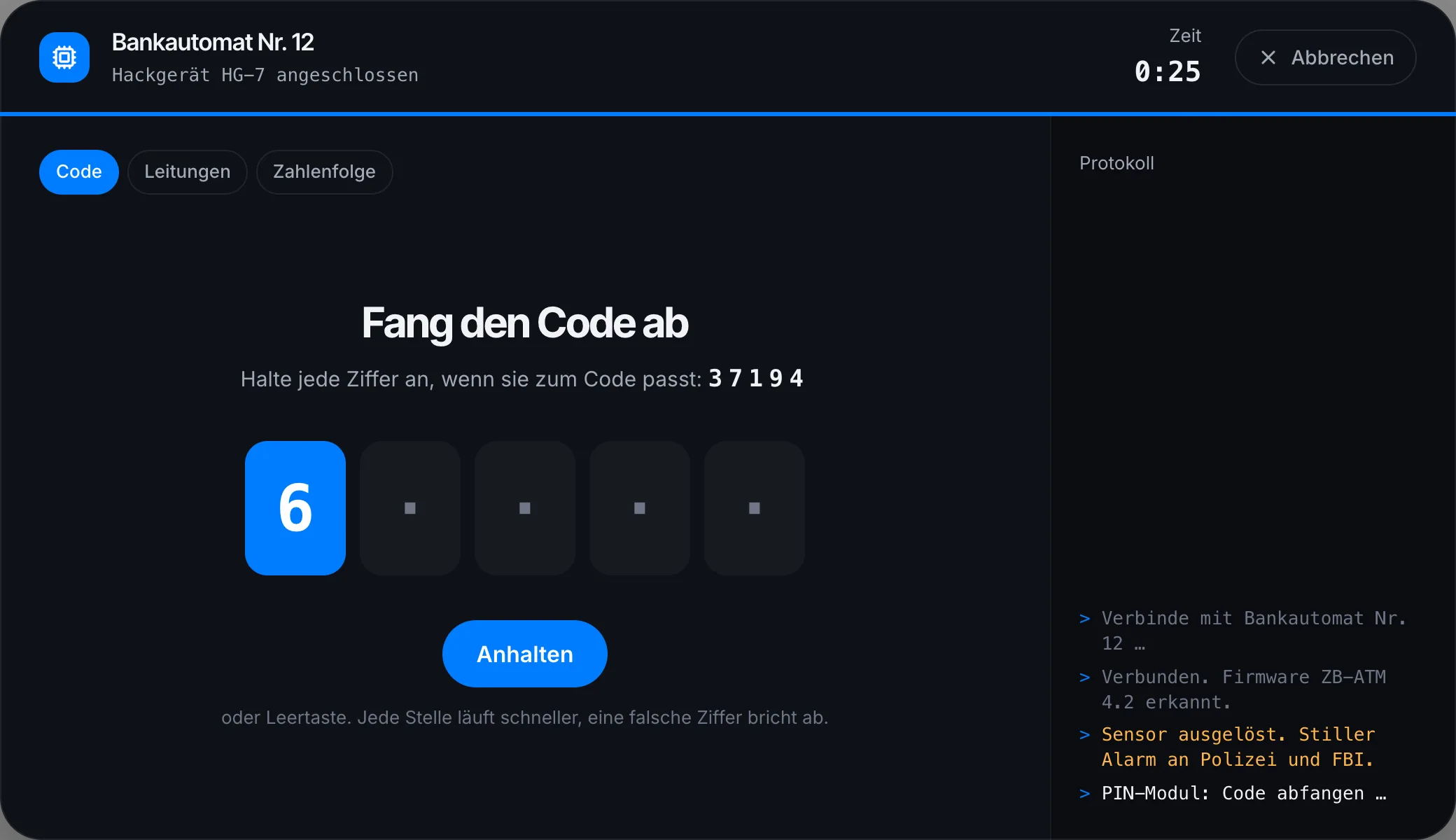 Erste Runde: den Code abfangen, rechts das Protokoll des Hackgeräts