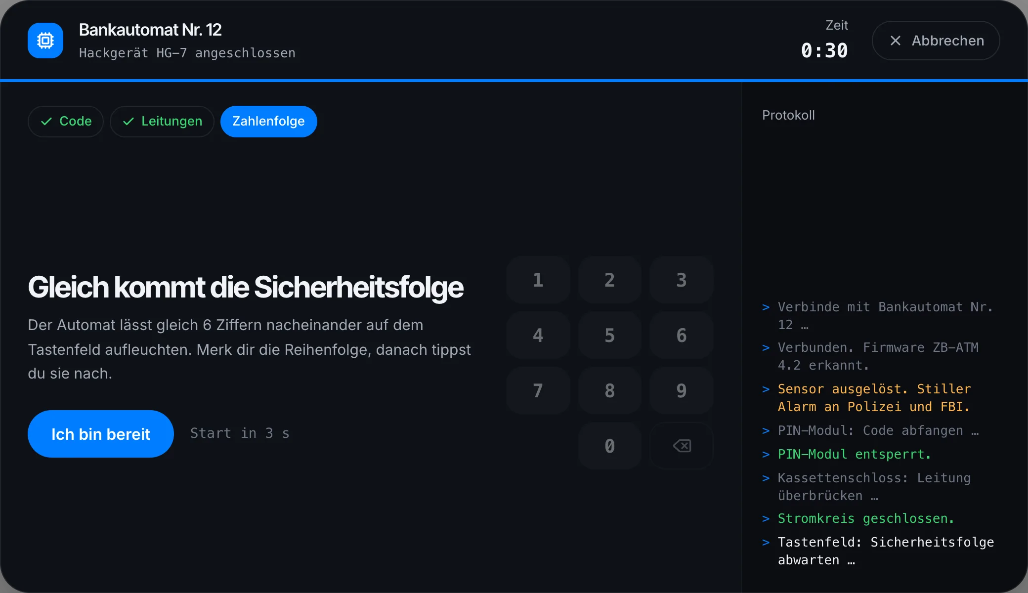 Dritte Runde: Der Automat kündigt die Sicherheitsfolge an