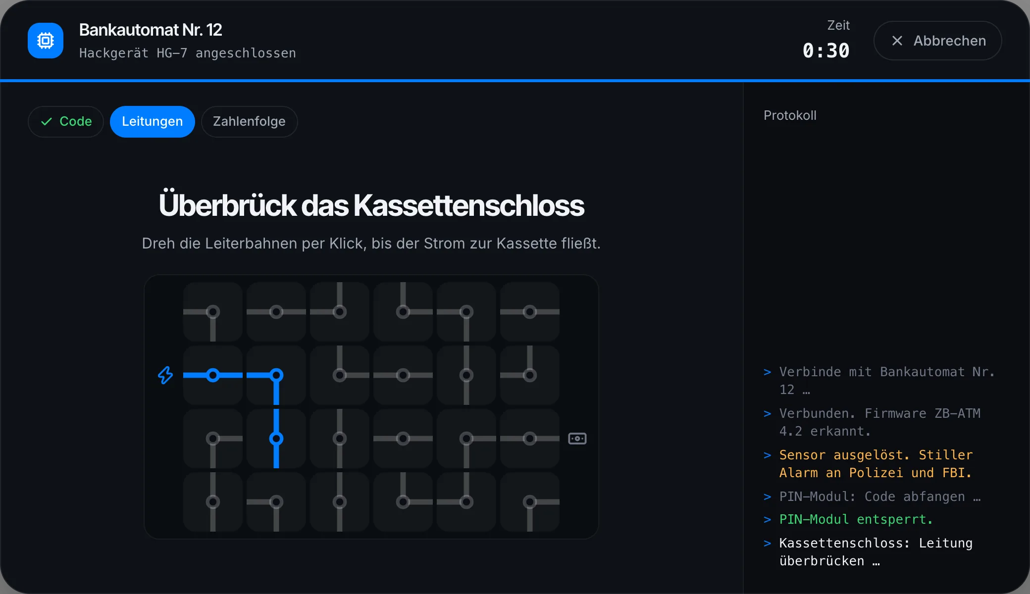Zweite Runde: die Leitung zur Geldkassette schließen