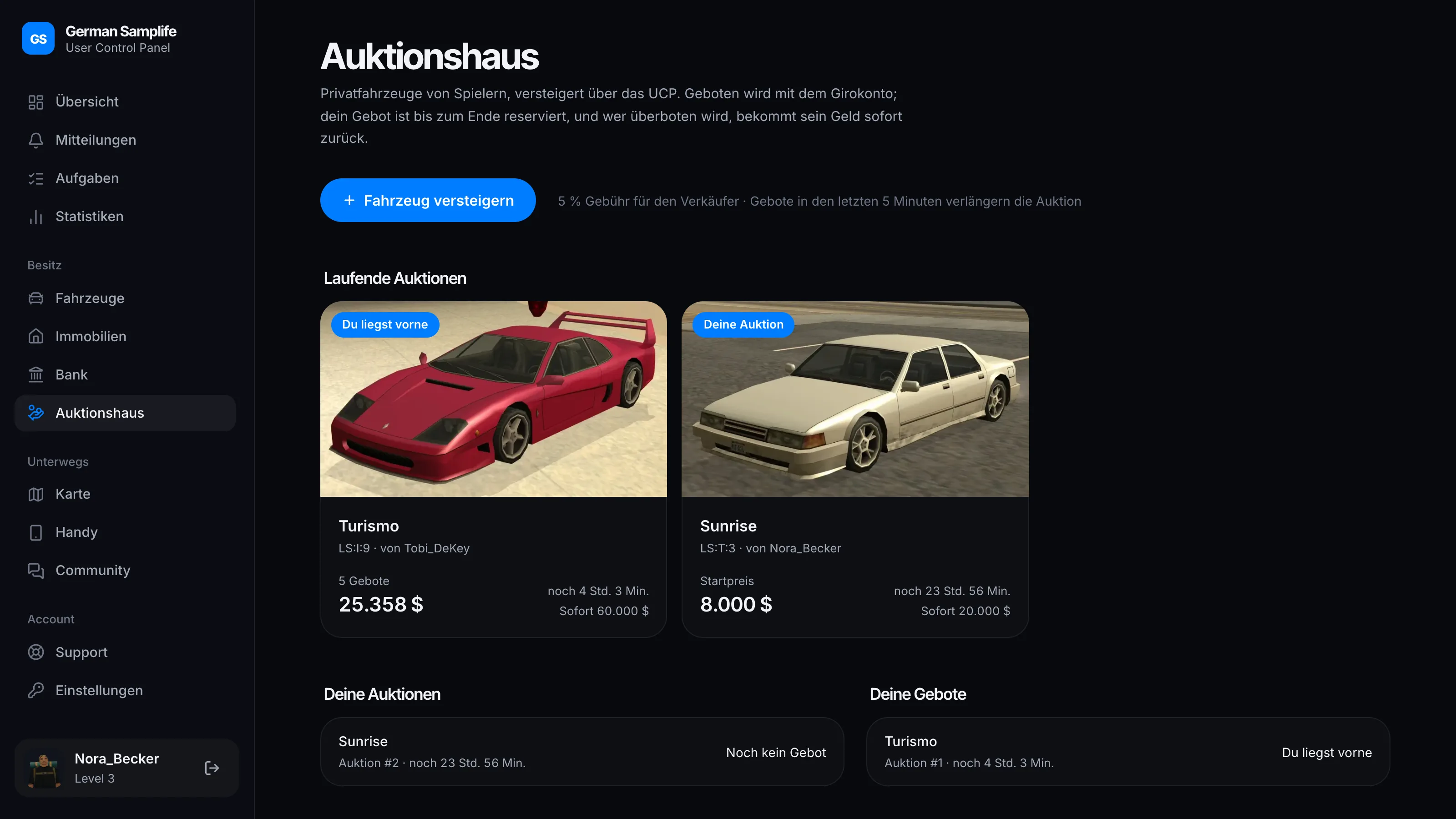 Laufende Auktionen, deine Auktionen und deine Gebote