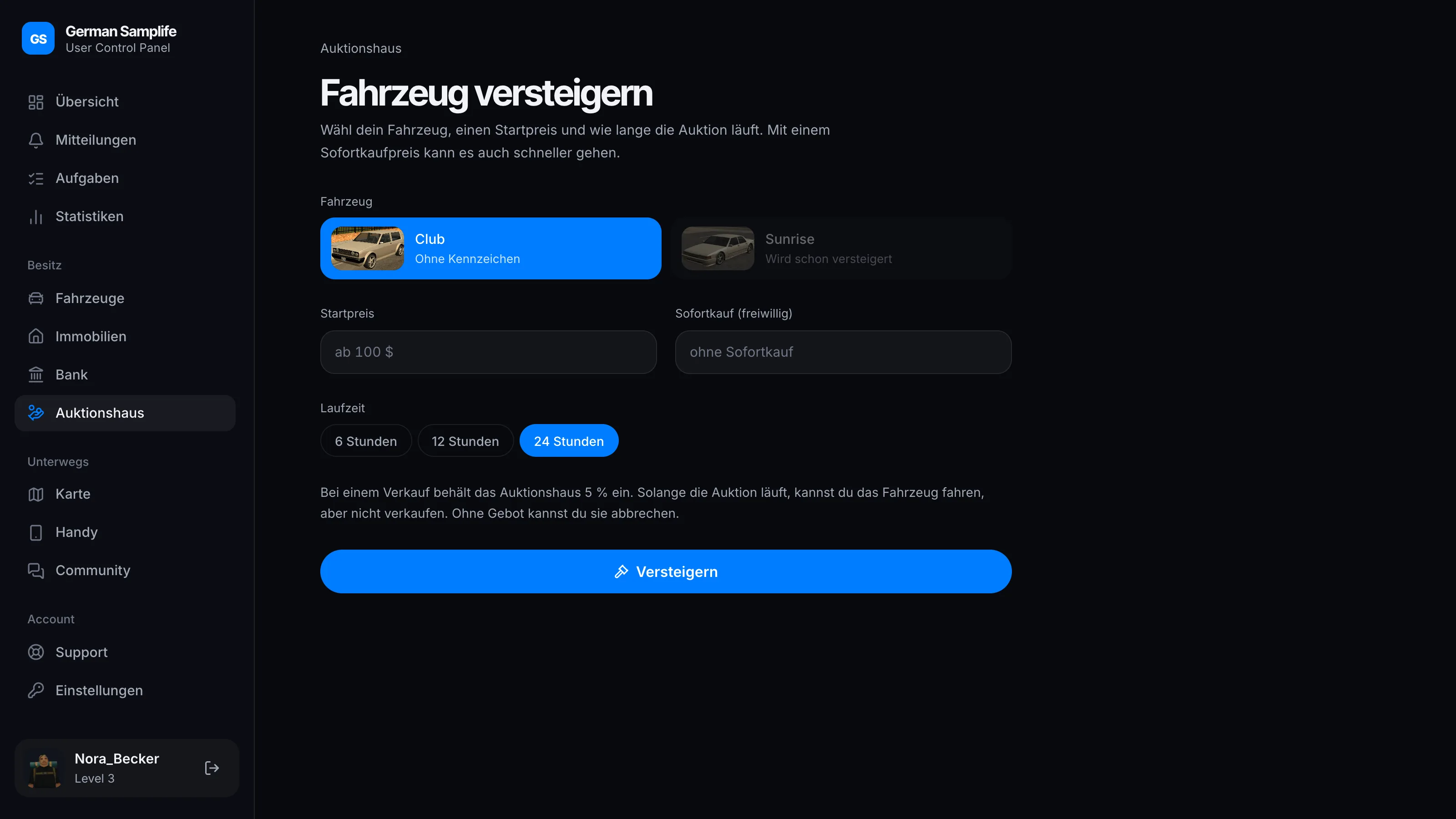 Fahrzeug wählen, Preise und Laufzeit festlegen