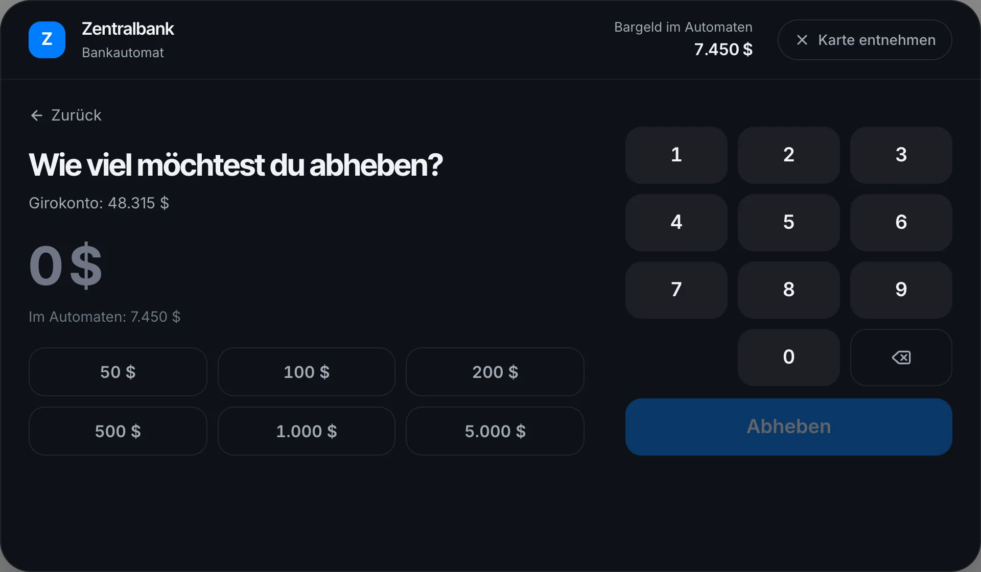 Abheben mit Ziffernfeld