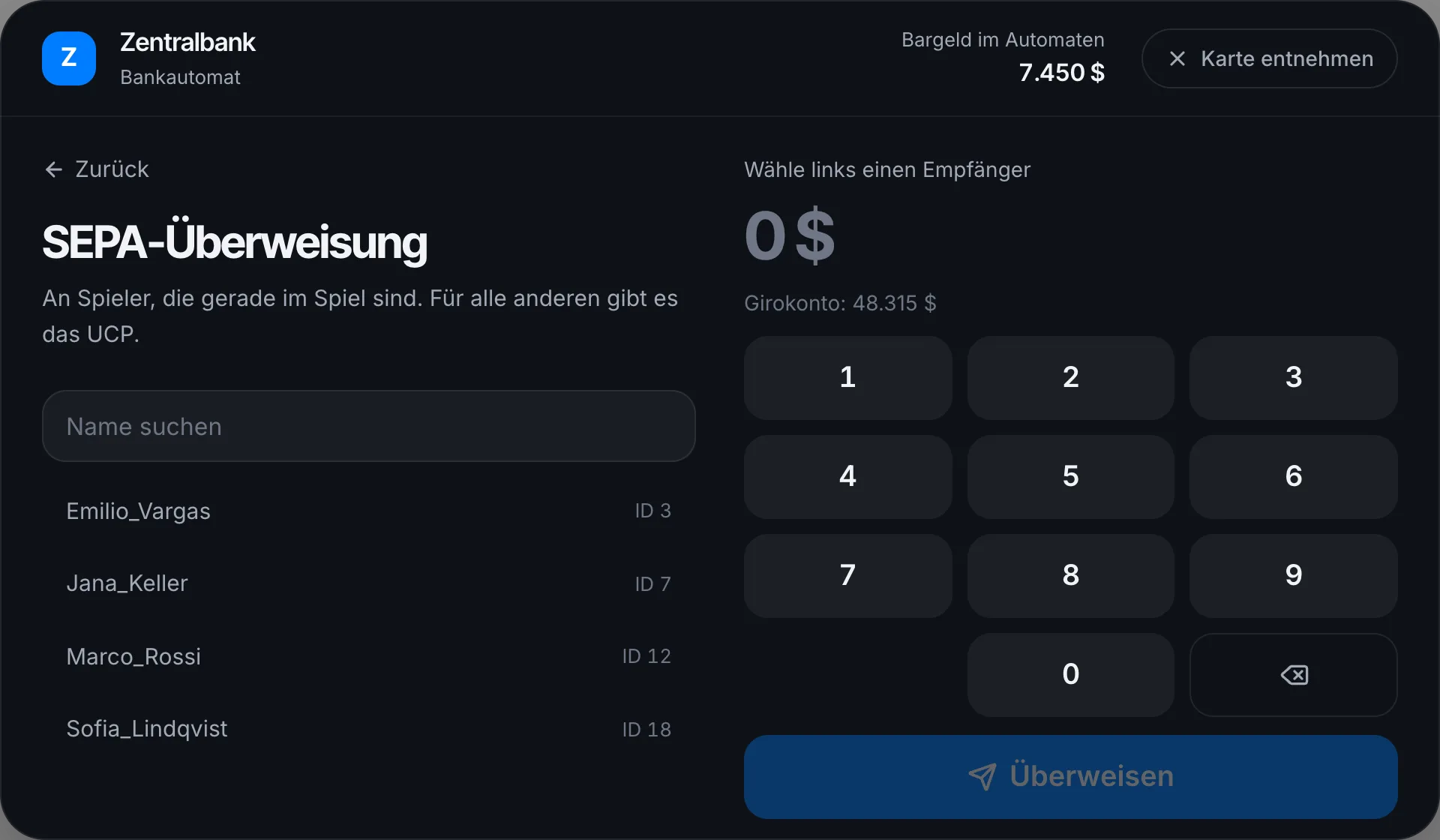 Überweisung an einen Spieler
