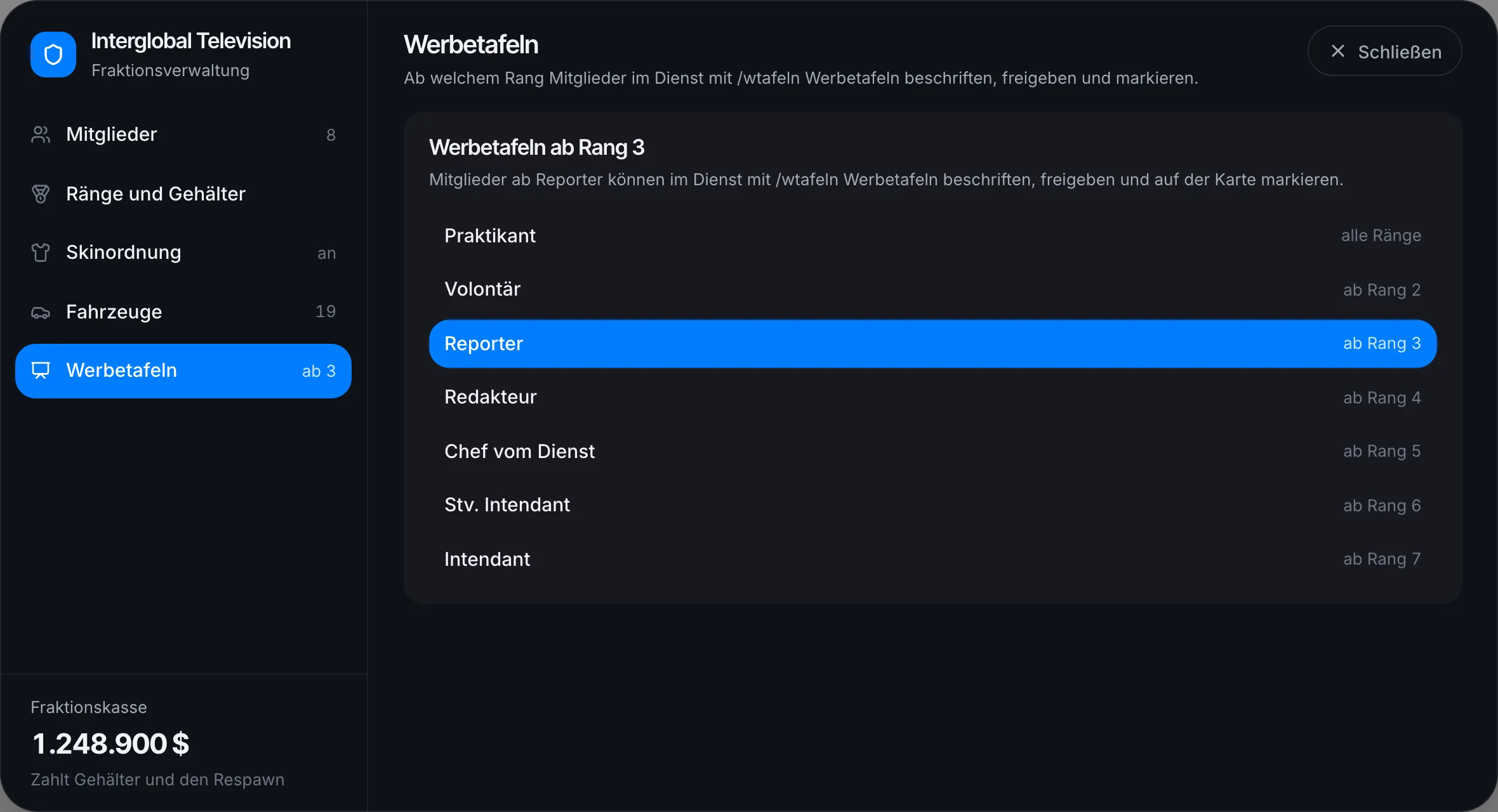 In /frakv legt der Leader fest, ab welchem Rang Werbetafeln bearbeitet werden