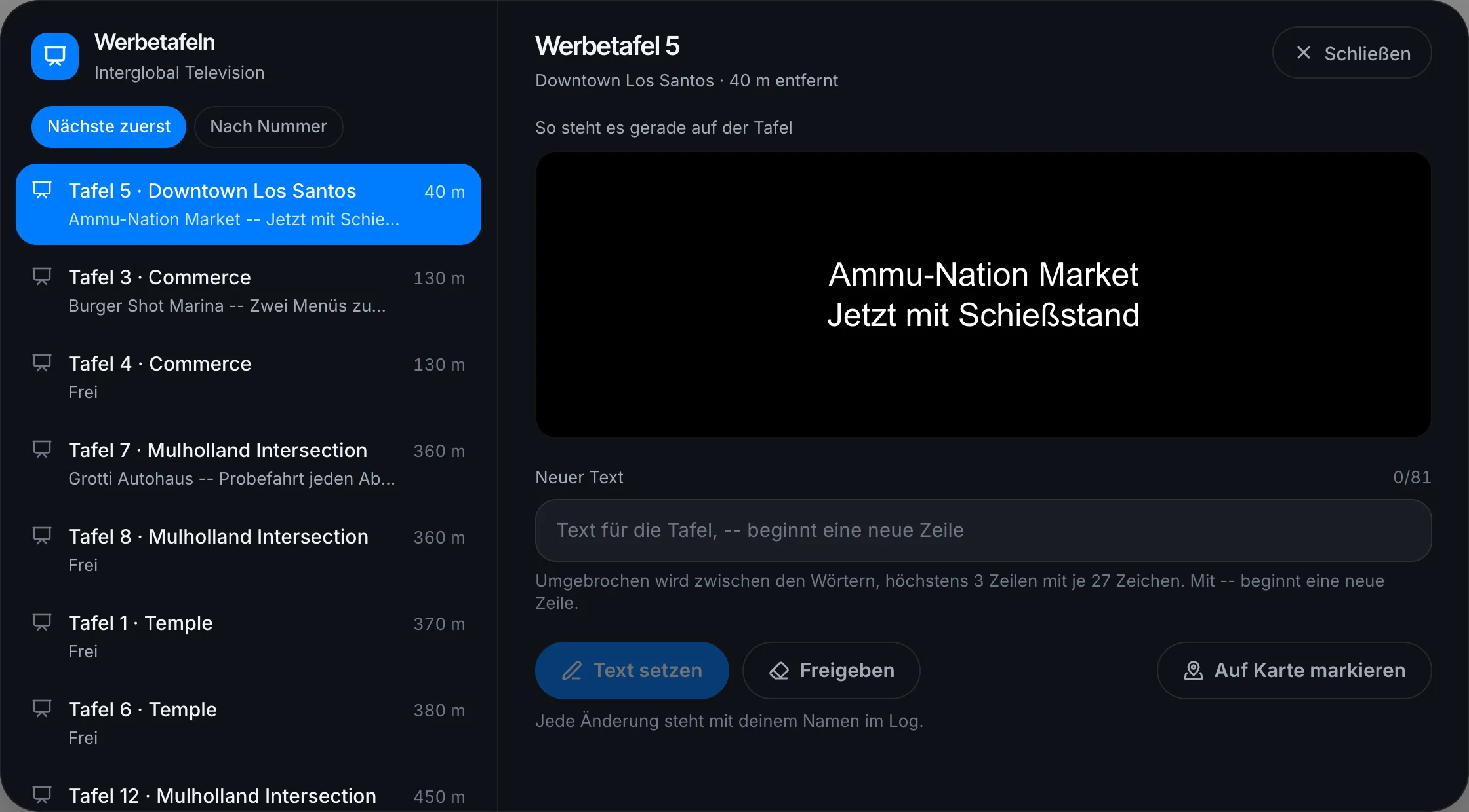 Alle Werbetafeln, die nächste zuerst, mit dem Text auf der gewählten Tafel