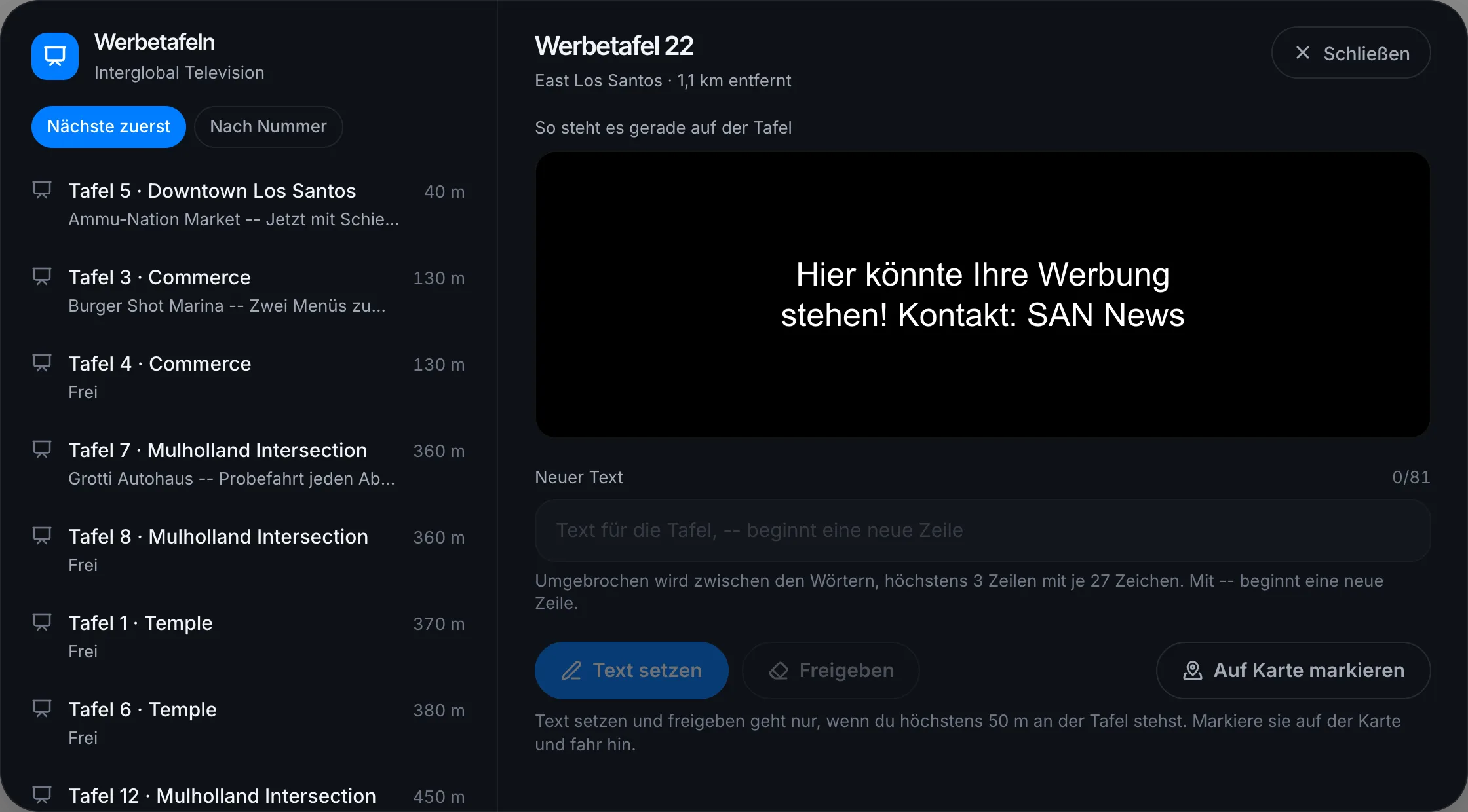 Tafel weiter weg: Text setzen und Freigeben gesperrt, Markieren geht