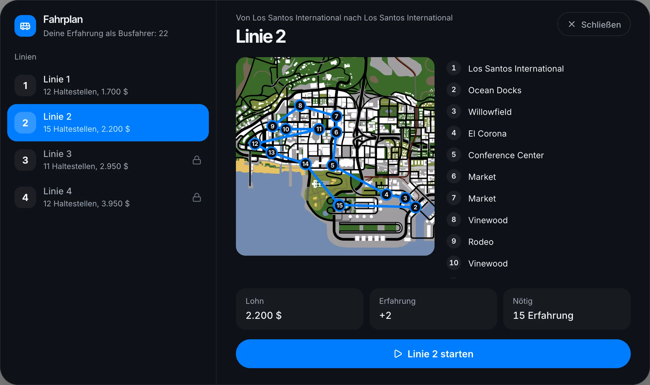 Fahrplan mit Linie, Haltestellen und Lohn
