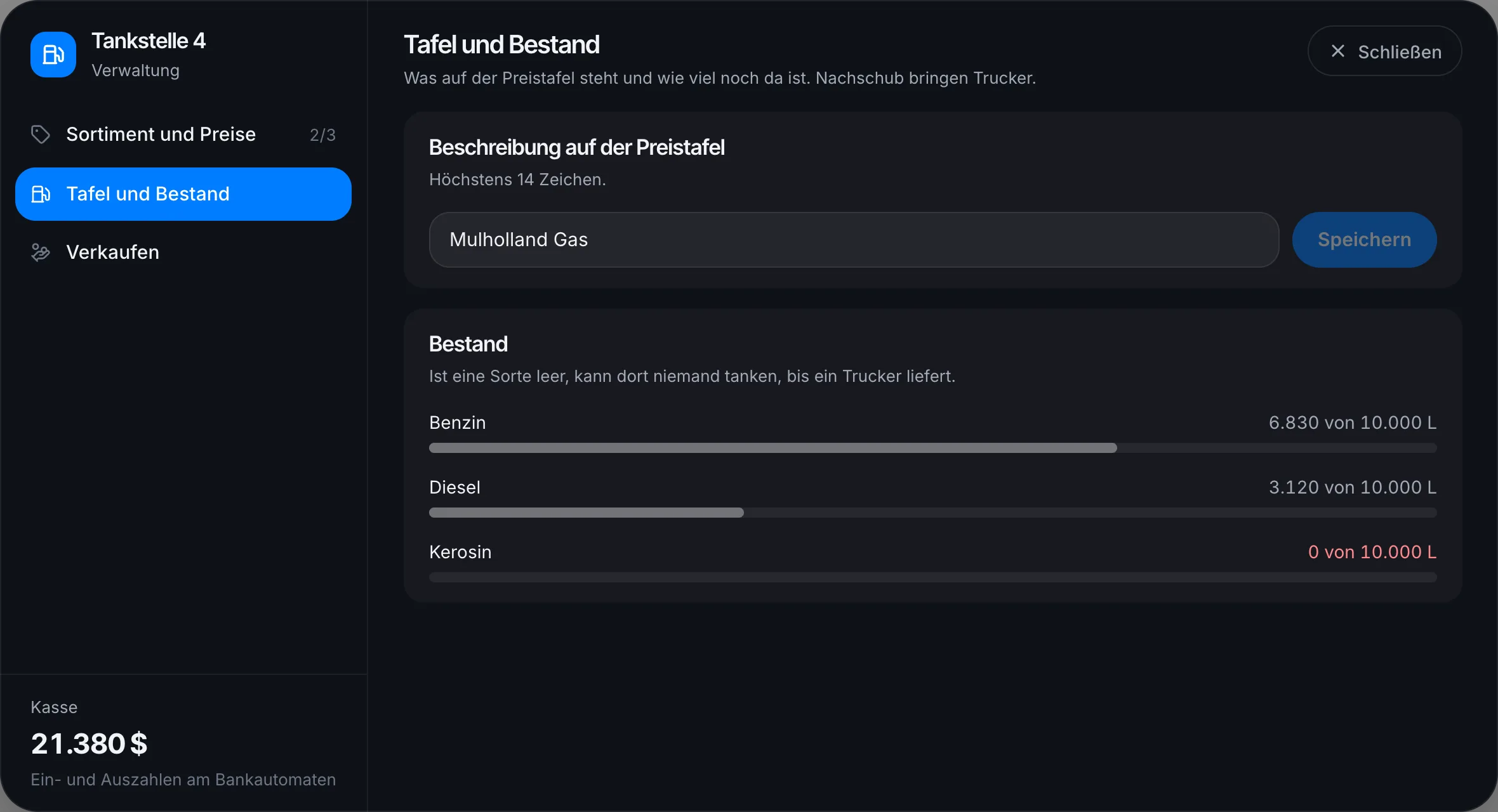 Preistafel und Vorrat