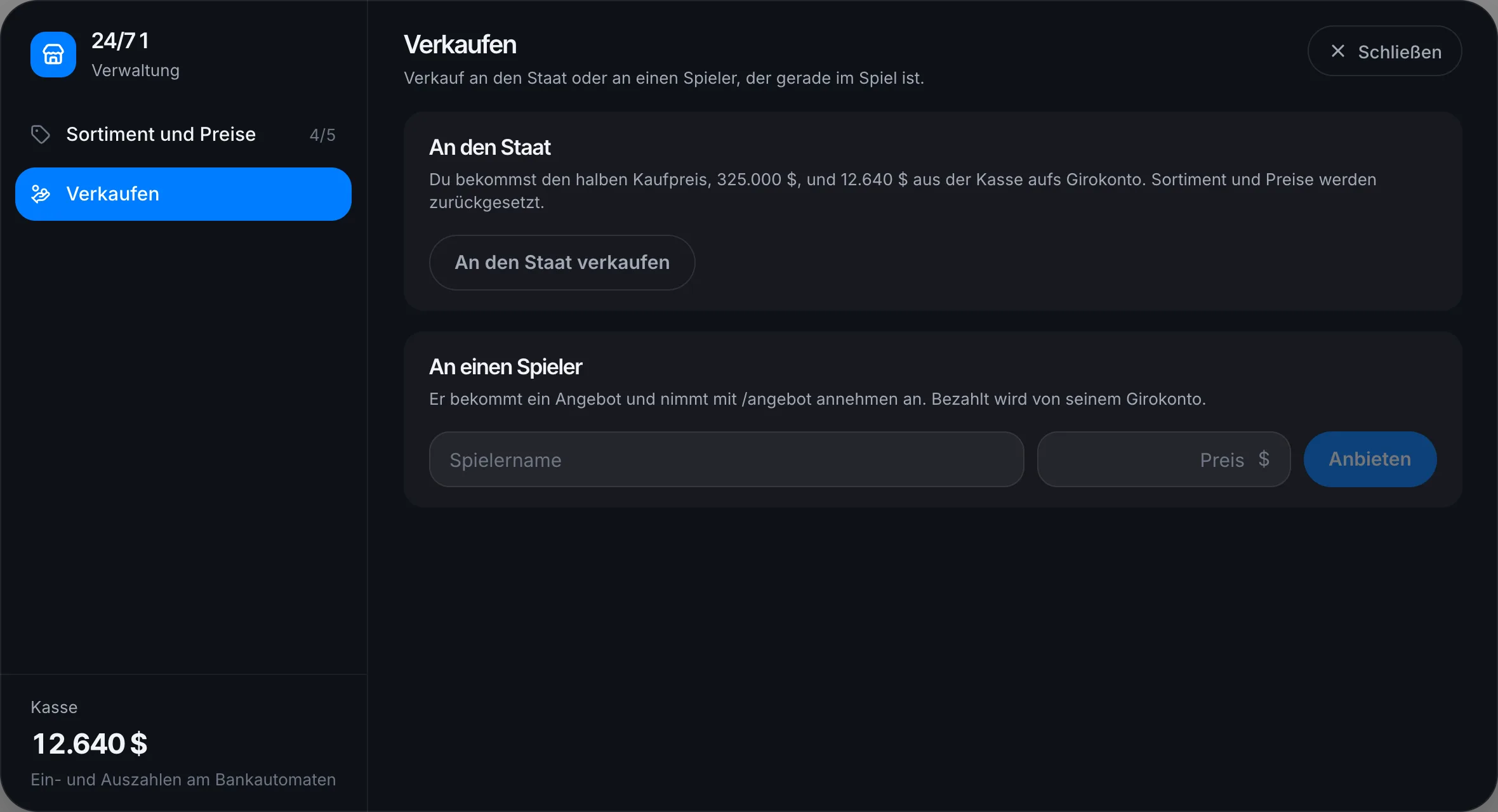 Verkaufen an den Staat oder einen Spieler