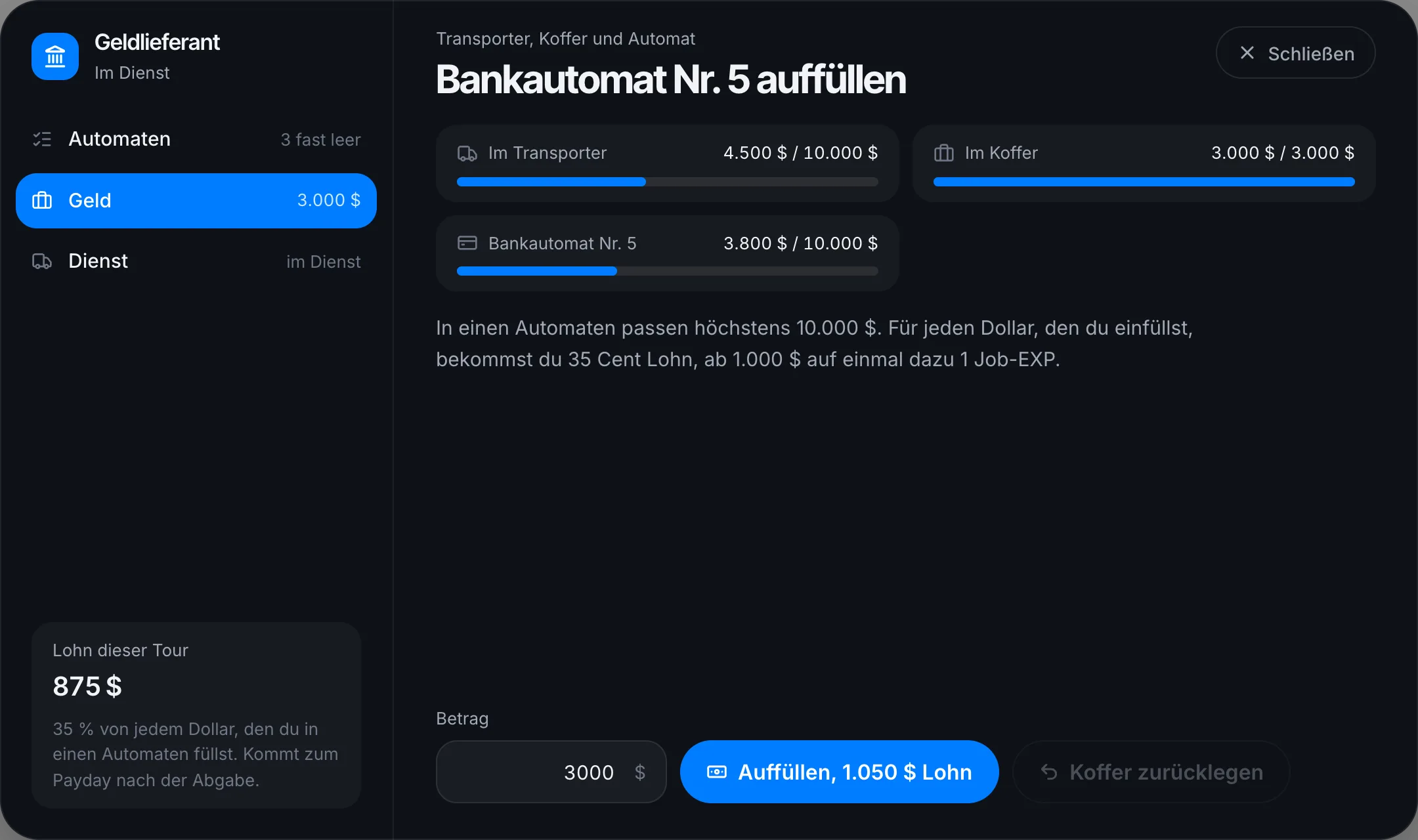 Am Automaten: auffüllen, der Lohn steht schon auf dem Knopf