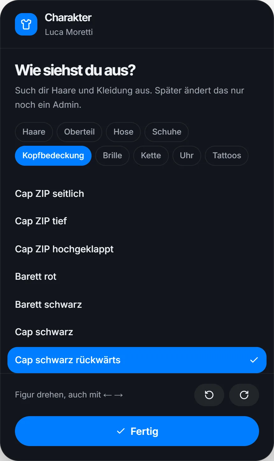 Kopfbedeckung, Brille und Kette mit der Kamera nah am Kopf
