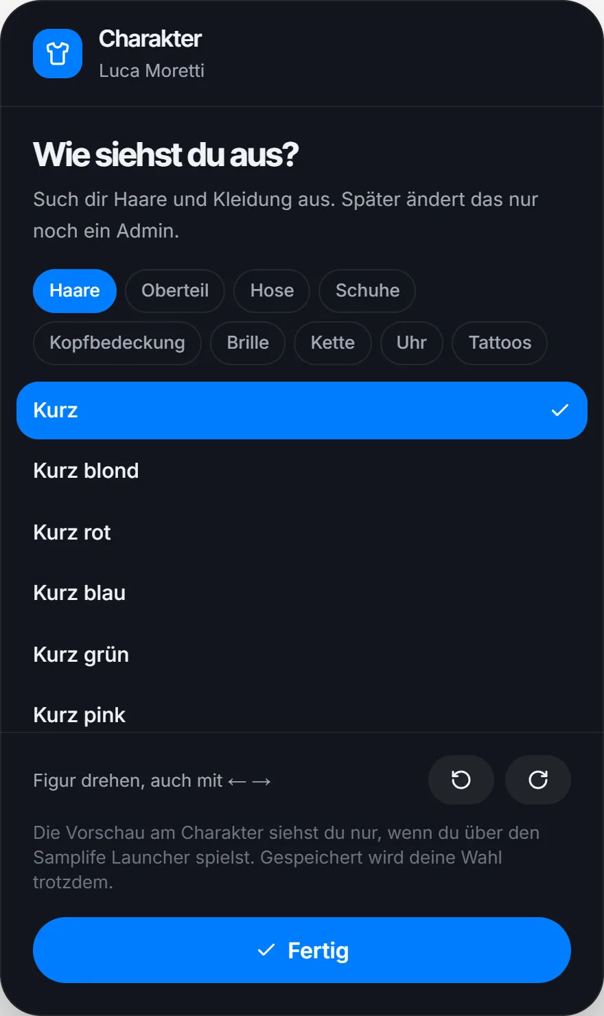 Ohne Samplife Launcher fehlt die Vorschau am Charakter