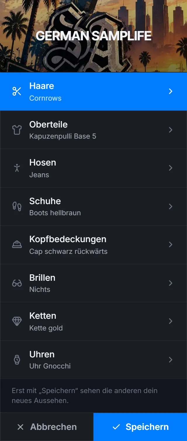 Nach /charedit mit fertigem Charakter: Abbrechen oder Speichern
