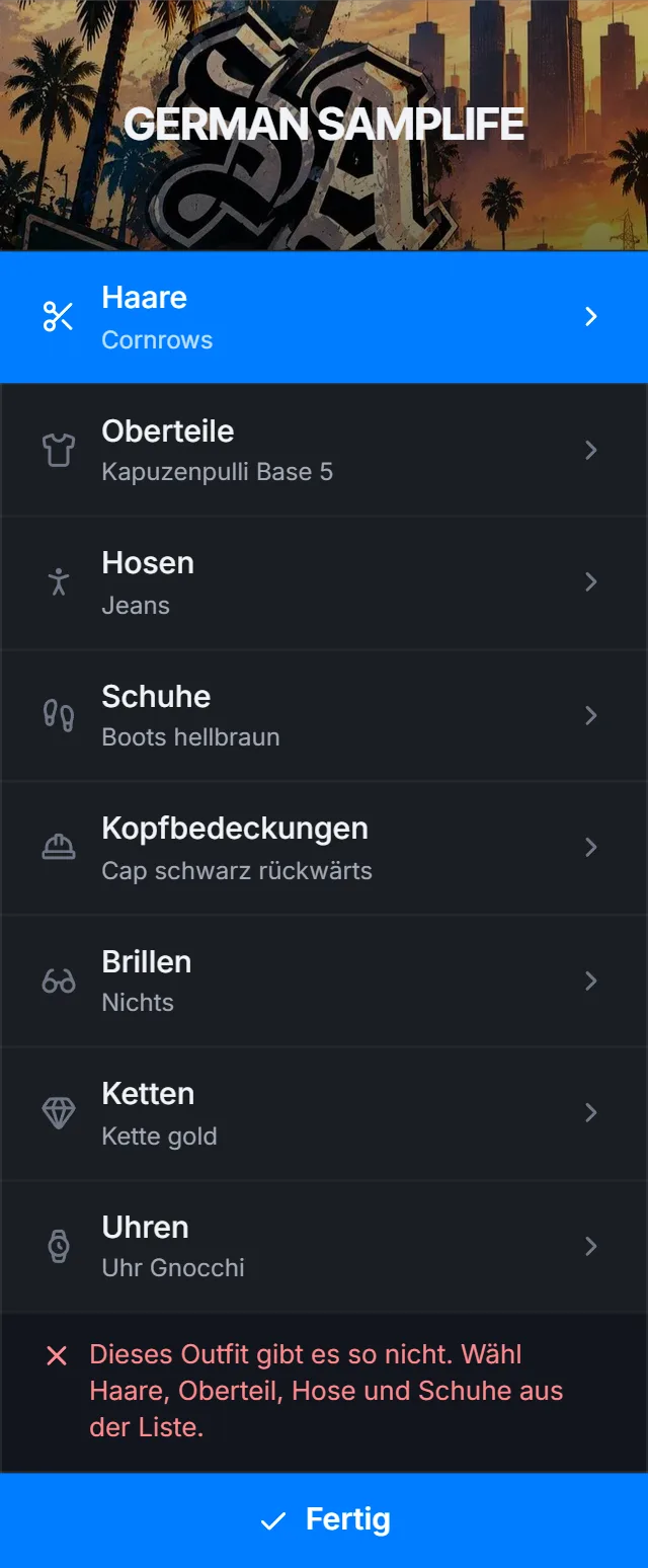 Lehnt der Server ein Outfit ab, steht der Grund unten im Menü