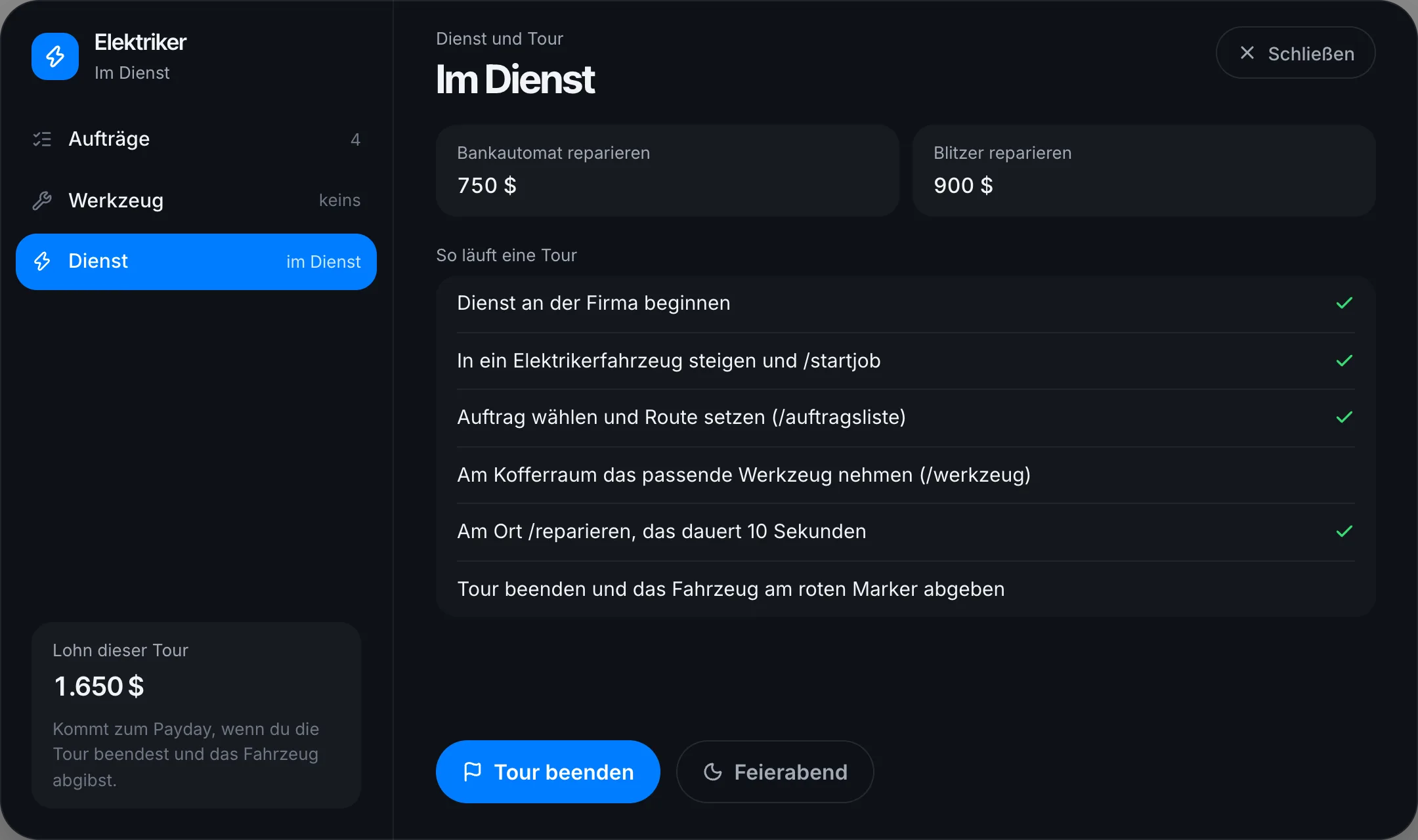 Im Dienst: Lohn je Reparatur und wie weit deine Tour ist