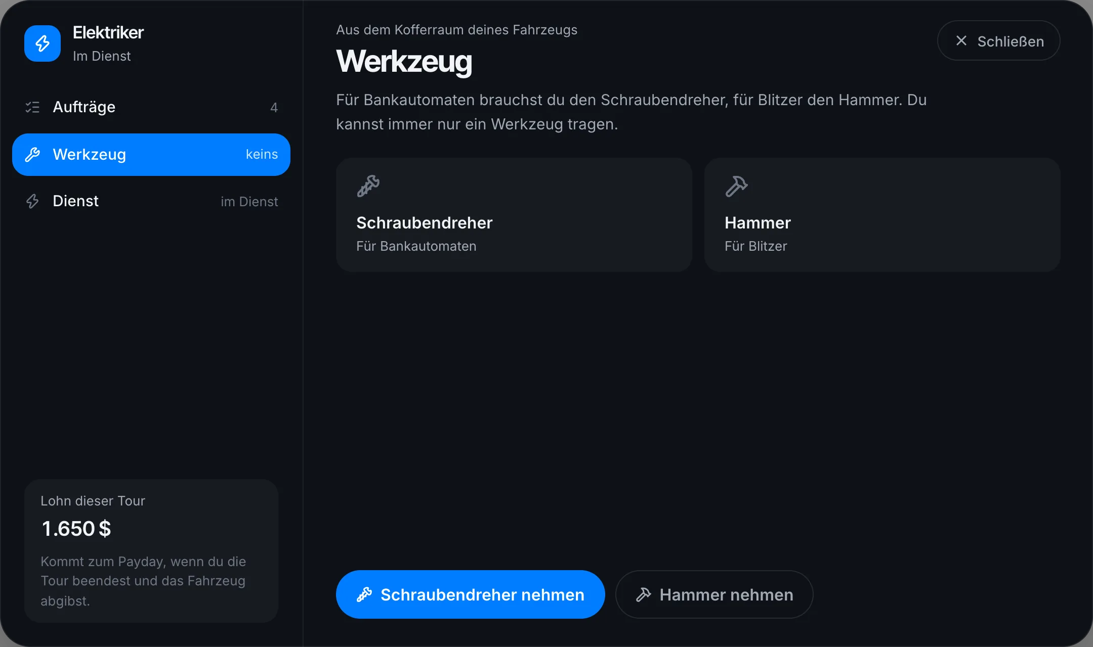 Werkzeug am Kofferraum nehmen