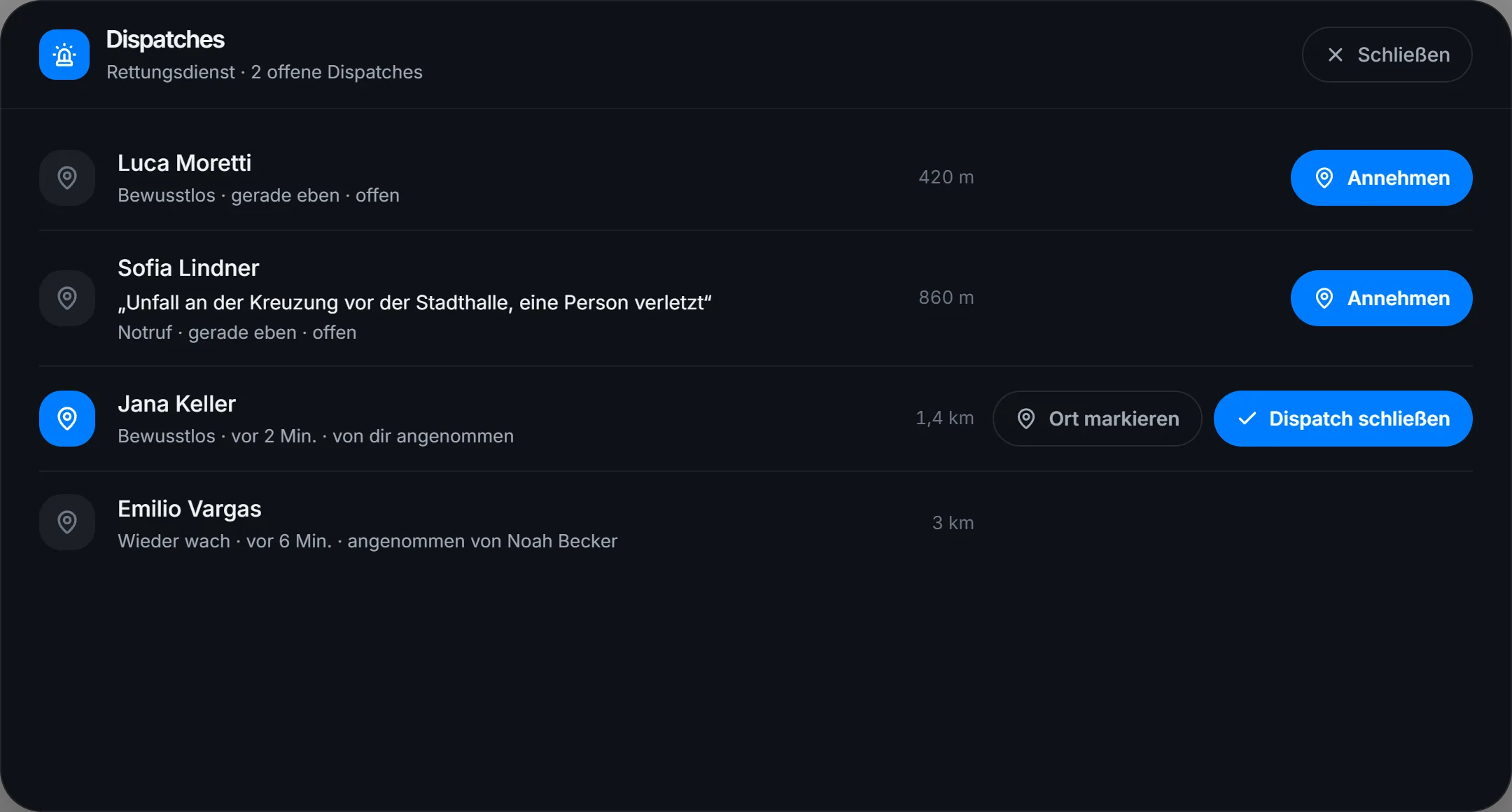 Dispatches mit Notruf und Bewusstlosen