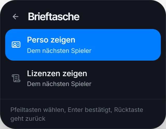 Perso und Lizenzen dem nächsten Spieler zeigen