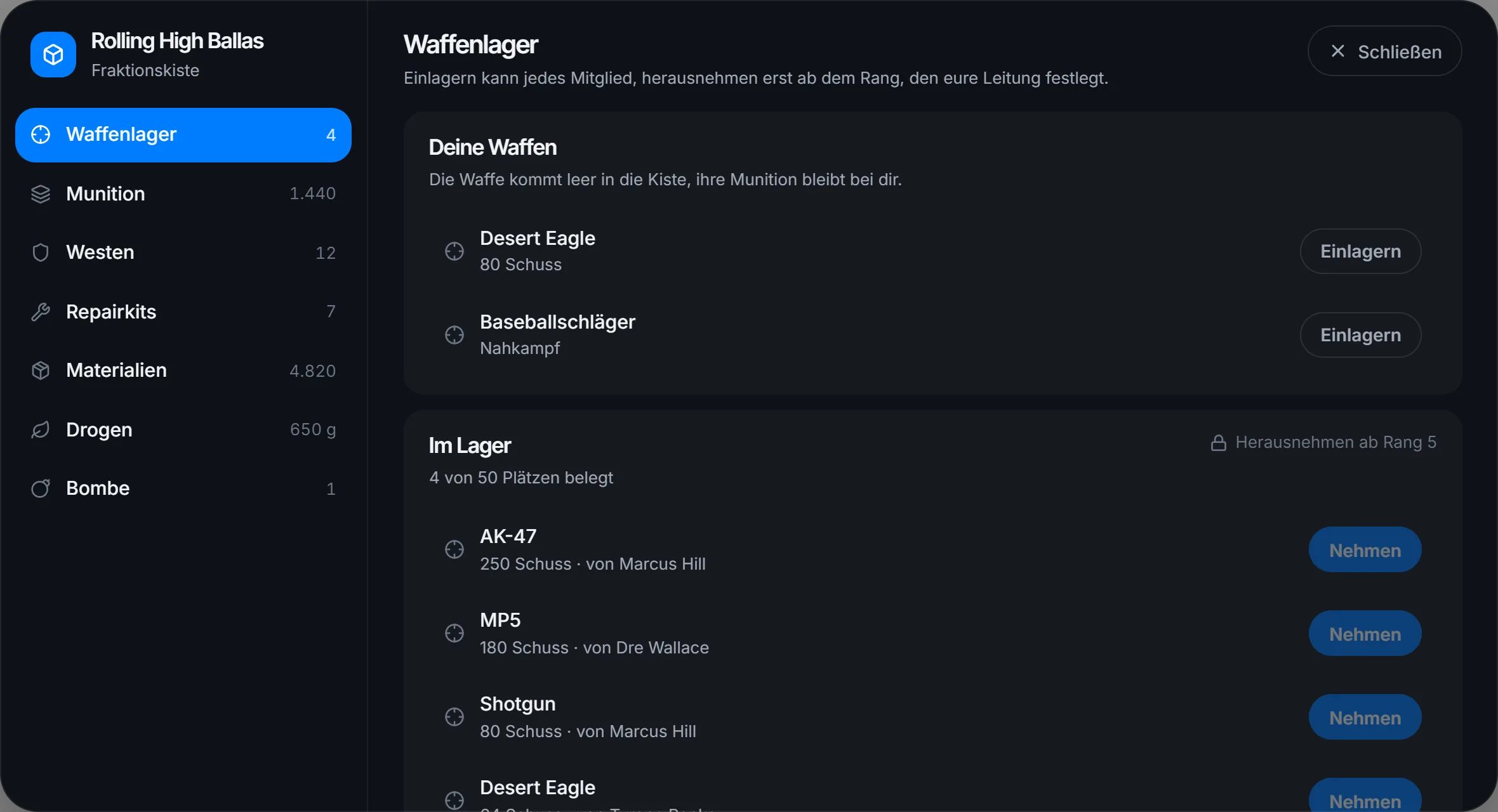 Unter dem festgelegten Rang kannst du nur einlagern