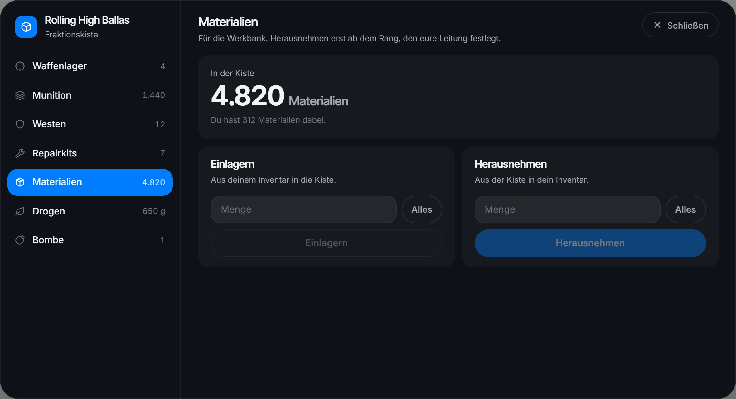 Materialien einlagern und herausnehmen