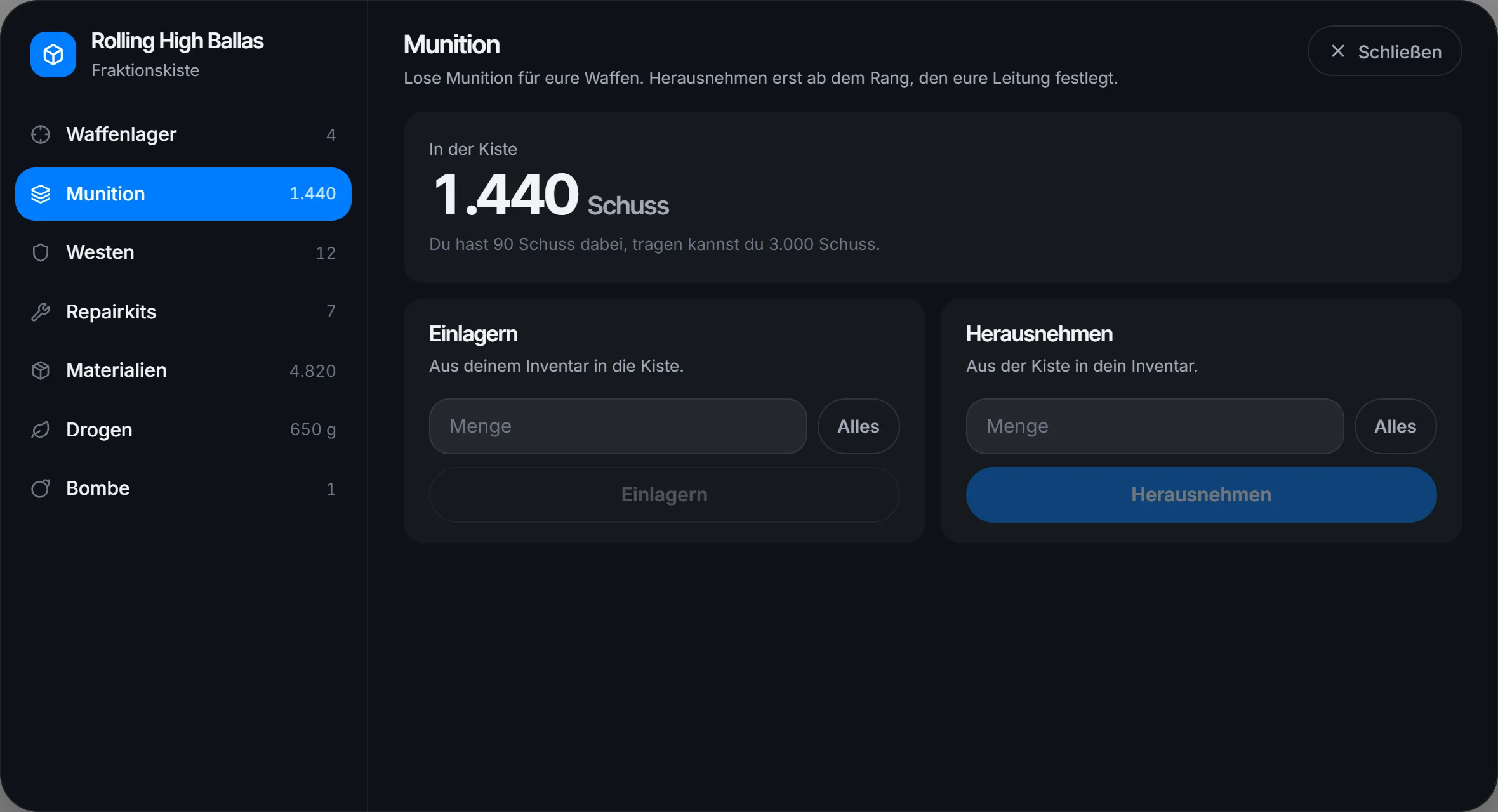 Munition einlagern und herausnehmen