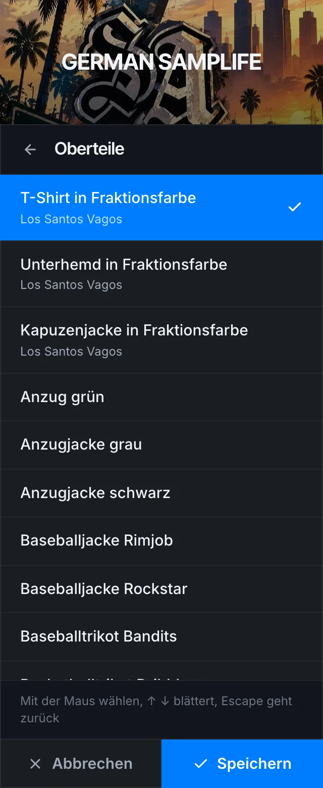 Oberteile im Binco für ein Mitglied der Los Santos Vagos