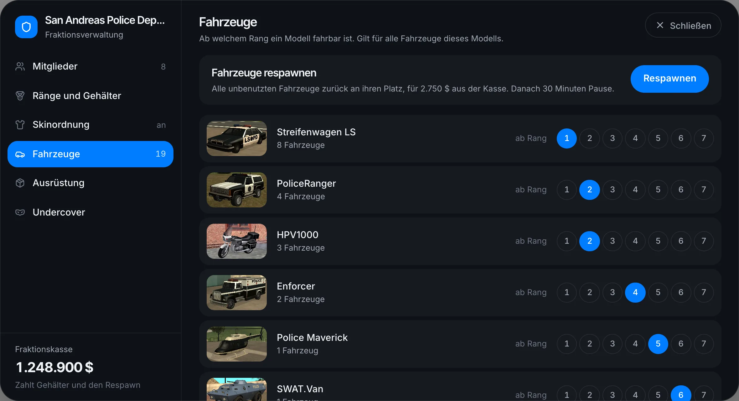 Fahrzeuge je Modell mit Mindestrang und Respawn