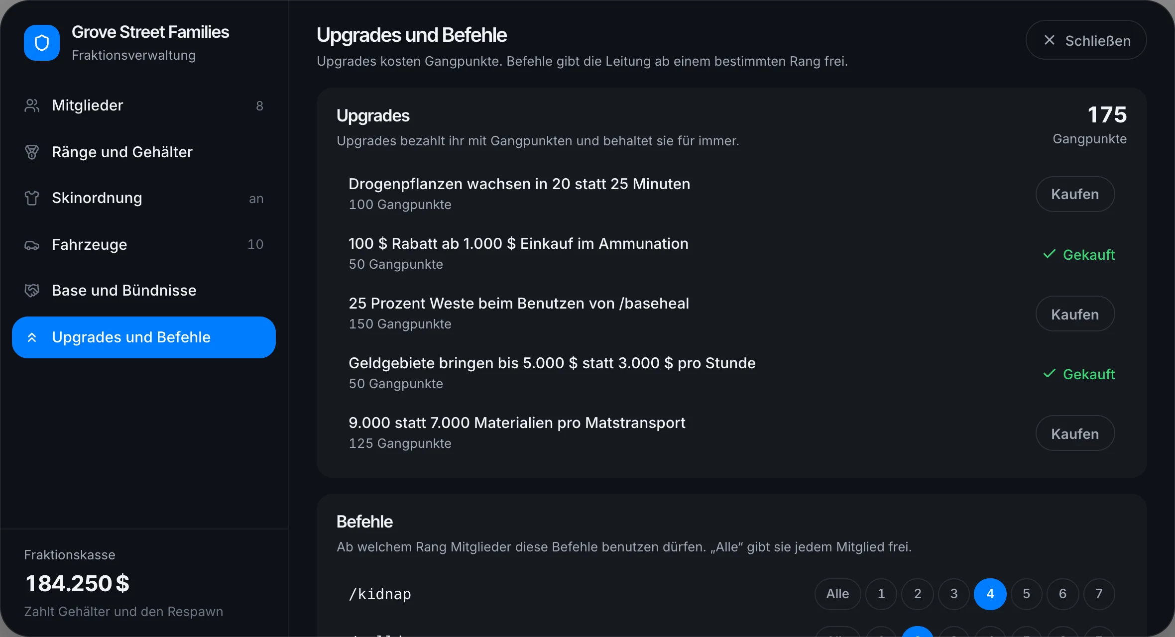 Upgrades und Befehlsrechte einer Gang