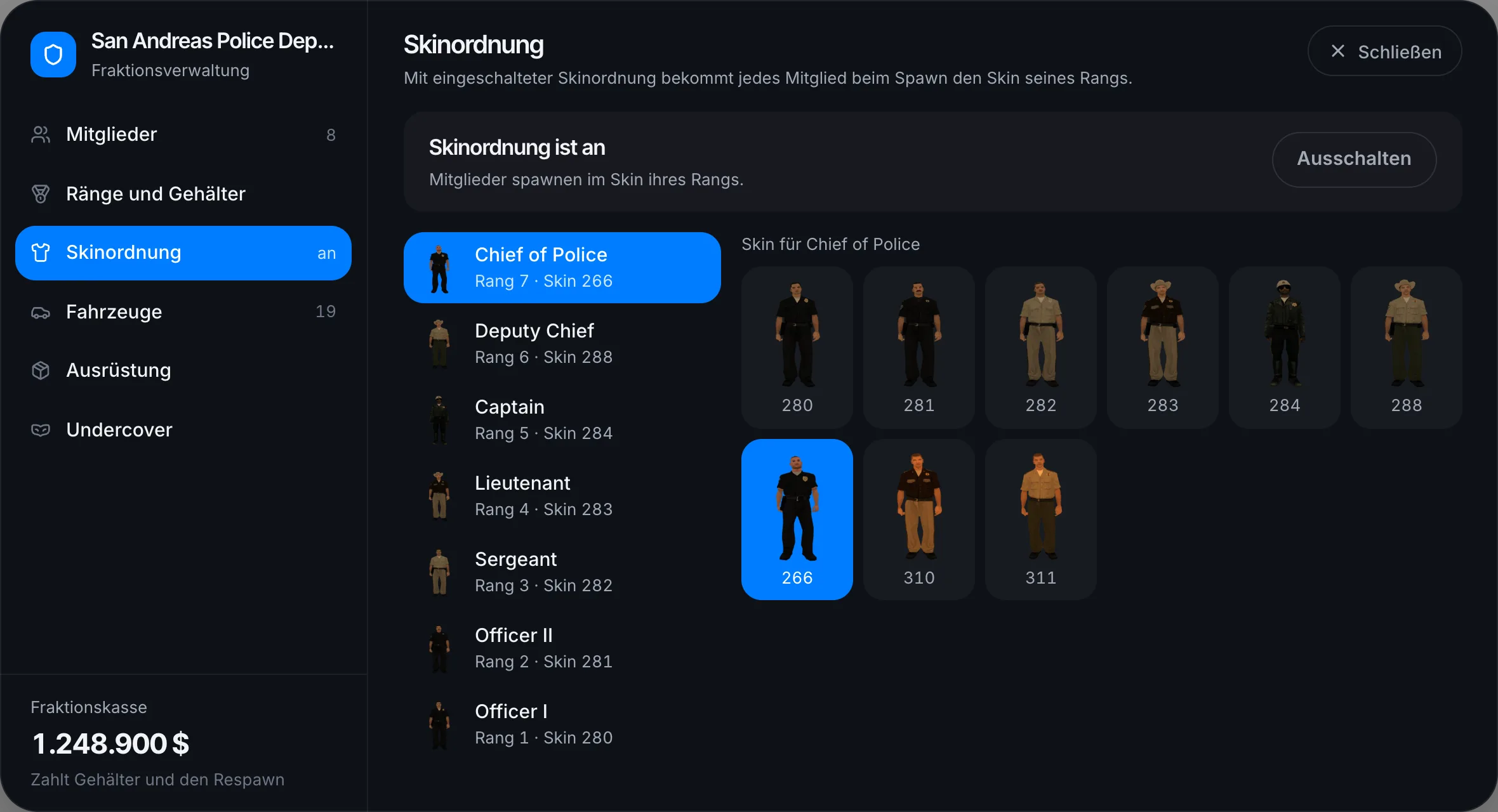 Skinordnung: ein Skin je Rang