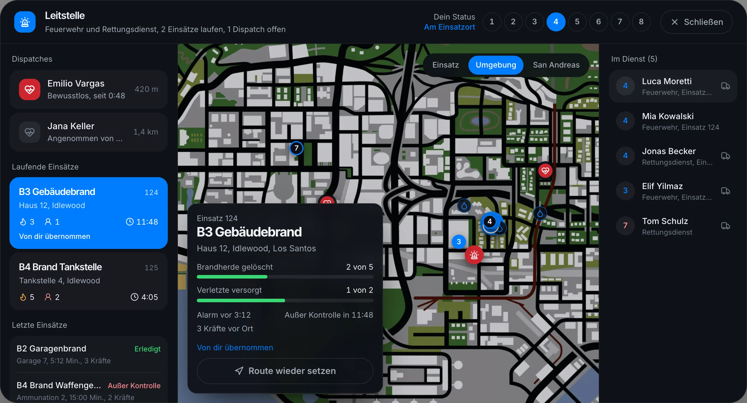 Hydranten rund um den Einsatz auf der Lagekarte der Leitstelle