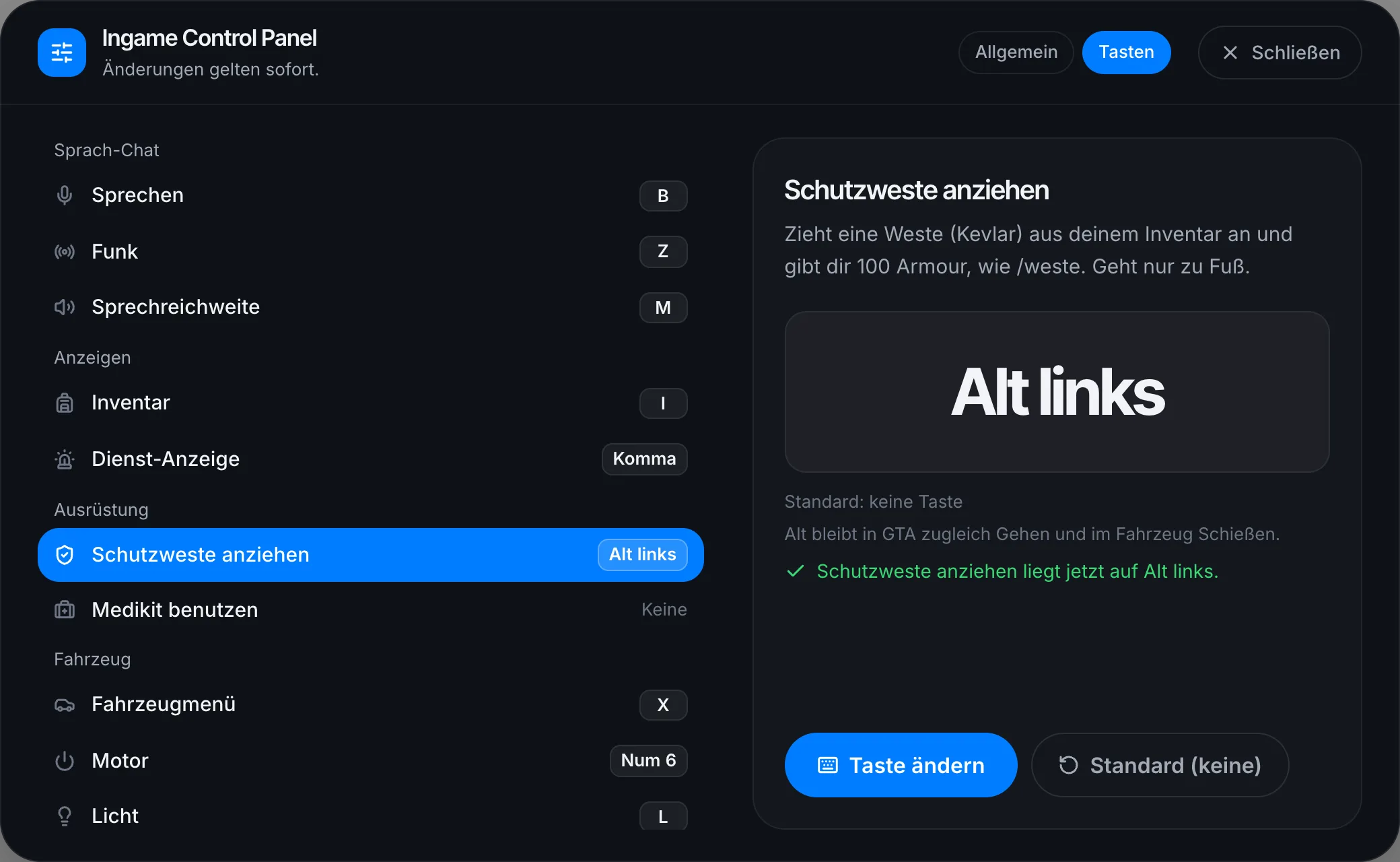 Das /icp mit Alt links als Taste und dem Hinweis dazu