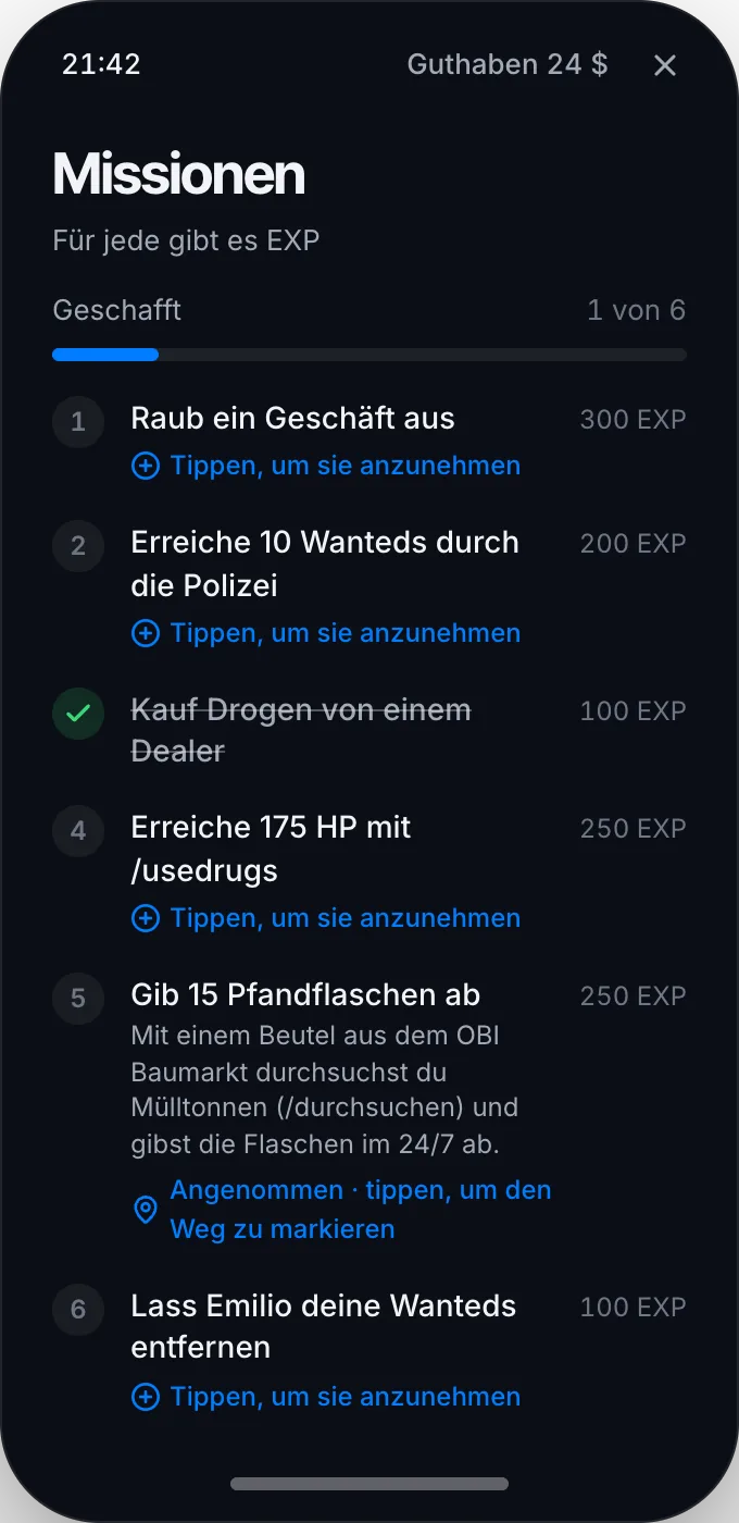 Die App Missionen: annehmen und den Weg markieren