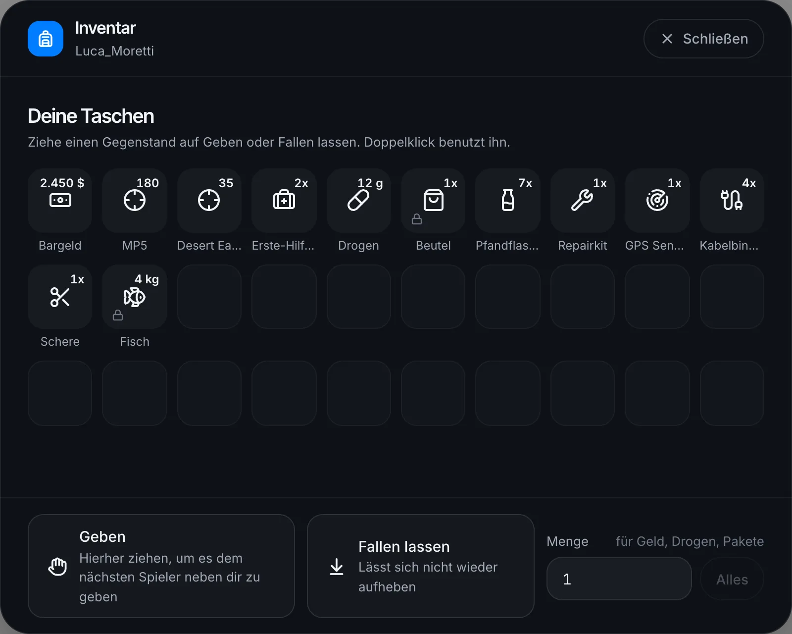 GPS Sender, Kabelbinder und Schere im Inventar