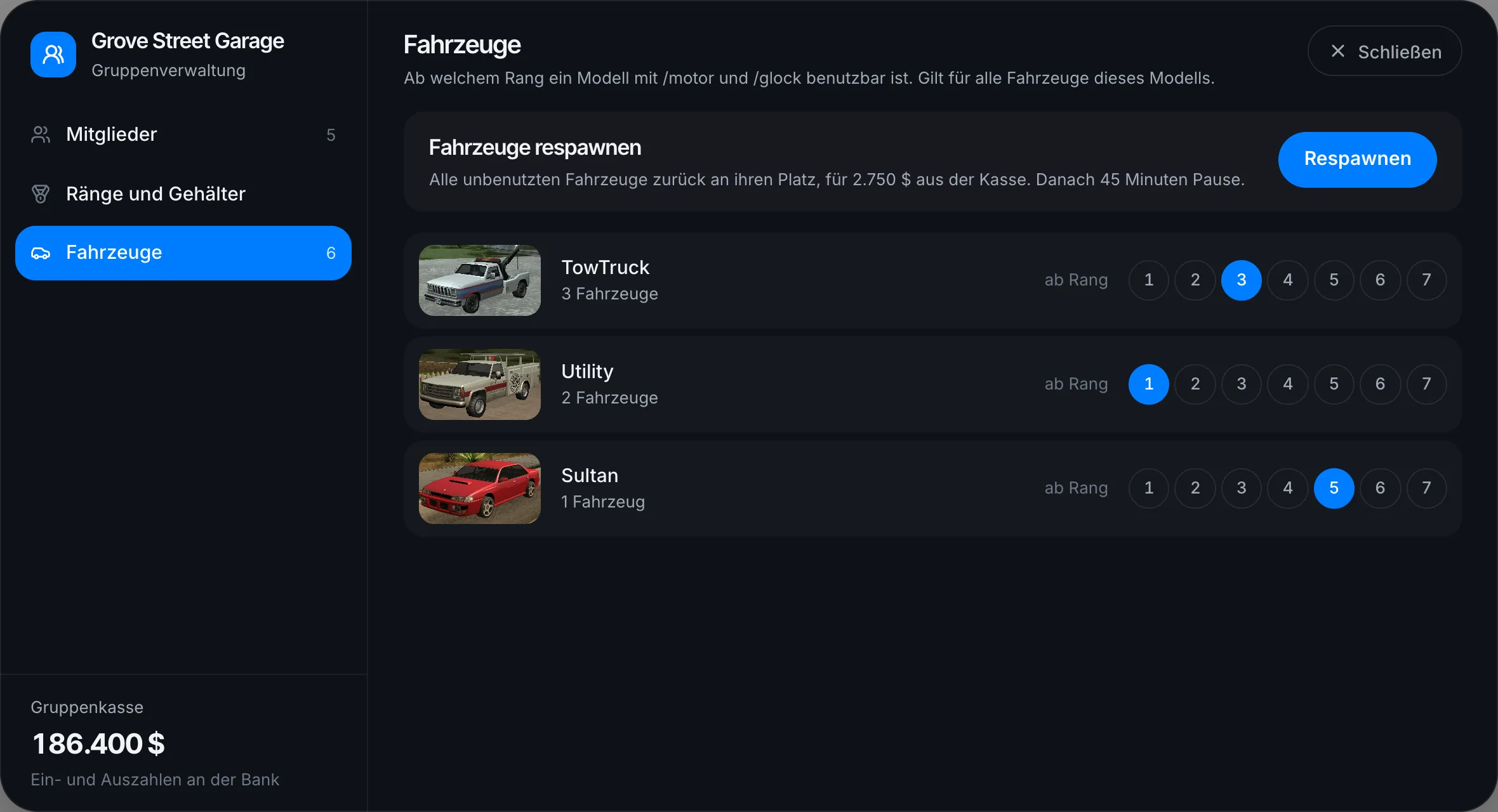 Mindestrang je Fahrzeugmodell und Respawn