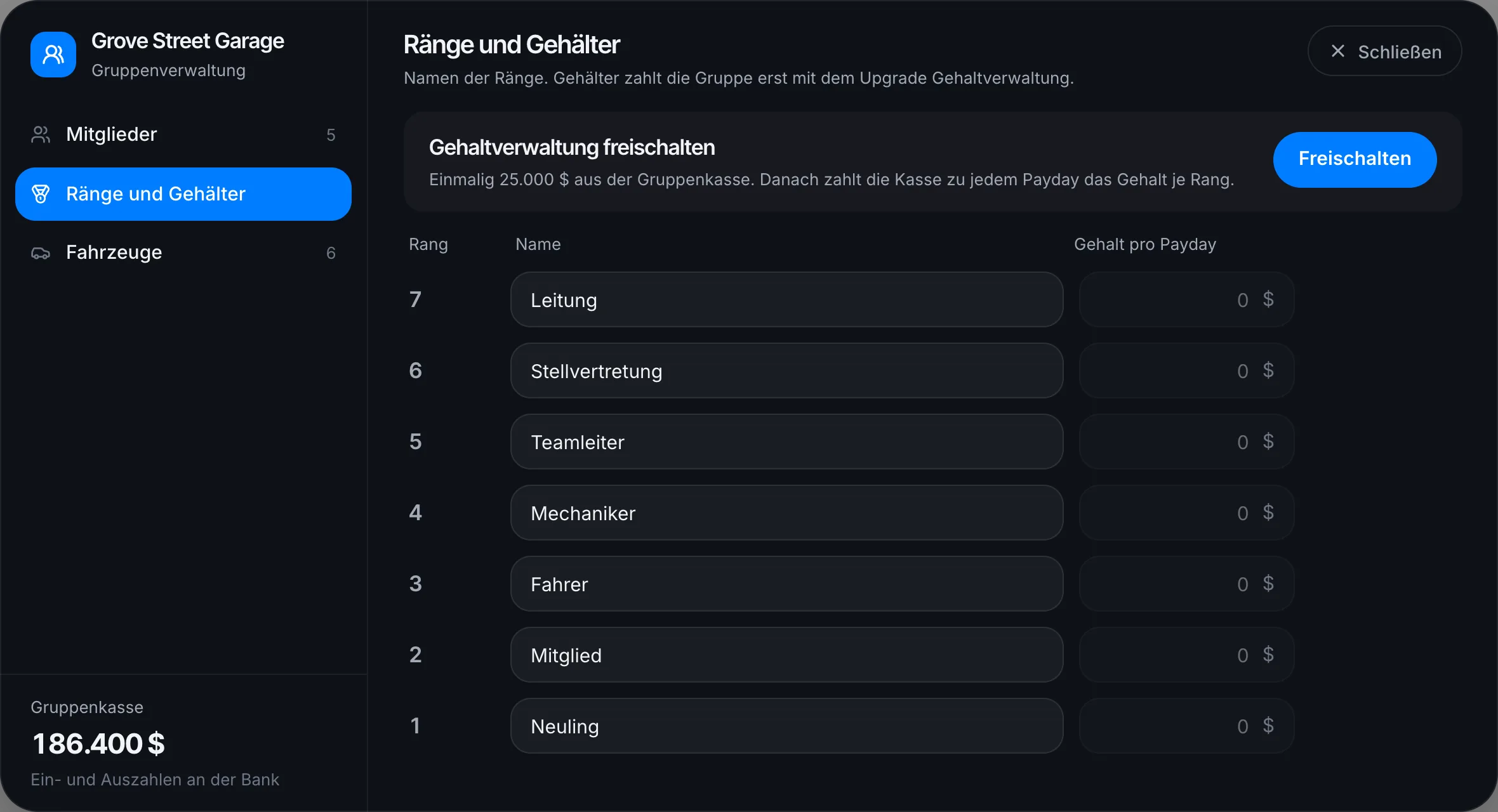 Ränge vor dem Upgrade Gehaltverwaltung