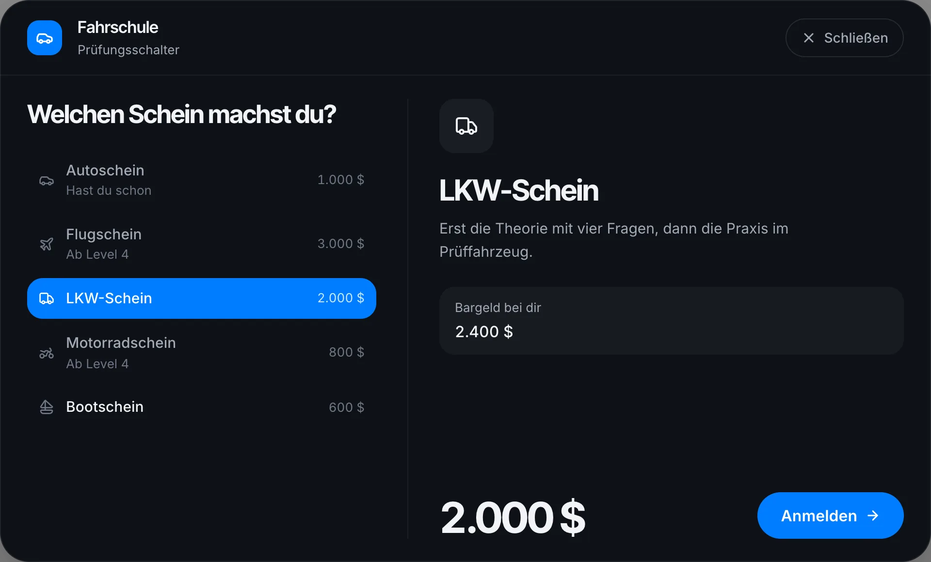 Prüfungsschalter der Fahrschule mit allen Scheinen