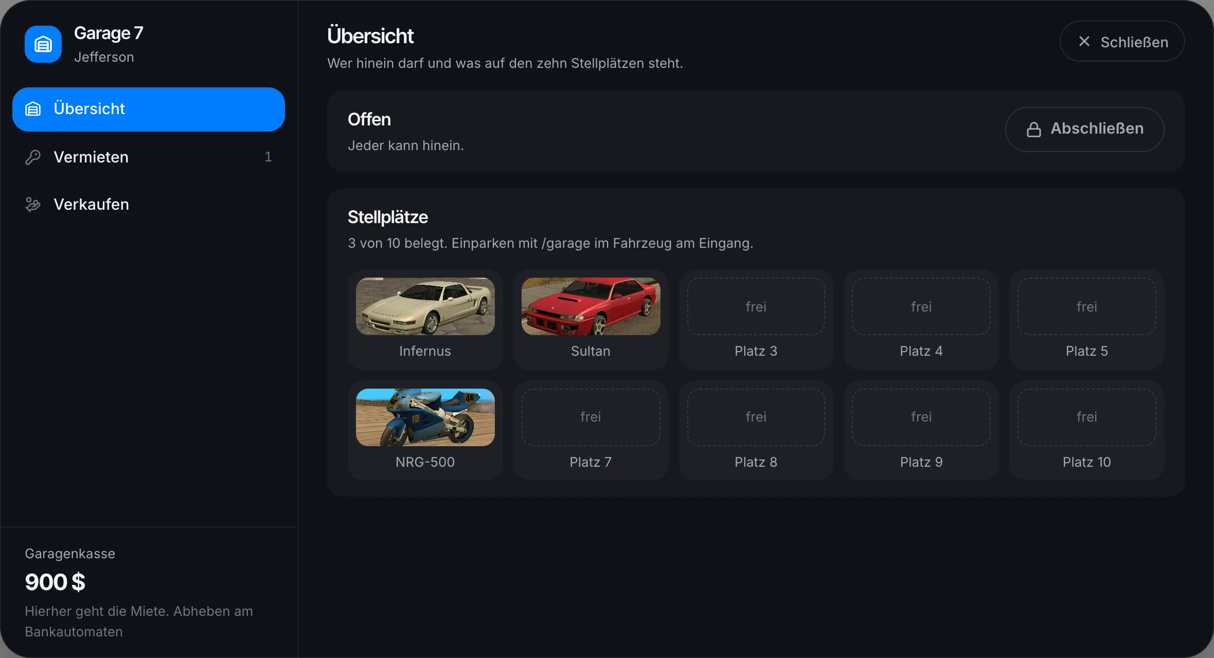 Garage mit belegten Stellplätzen