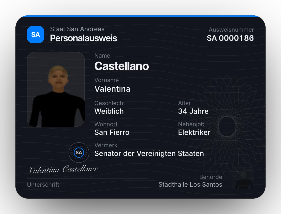 Ausweis mit langem Namen und Vermerk als Senator