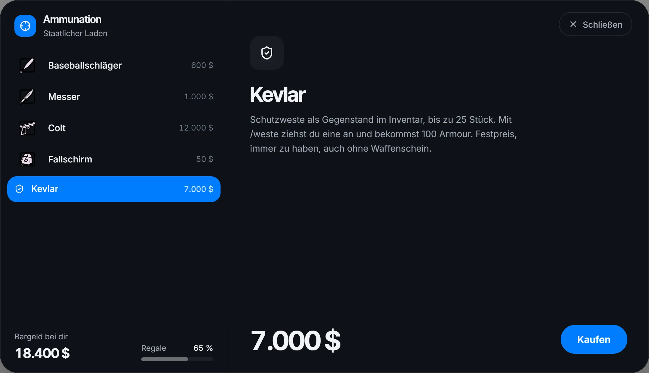Kevlar im Ammunation, Festpreis 7.000 $