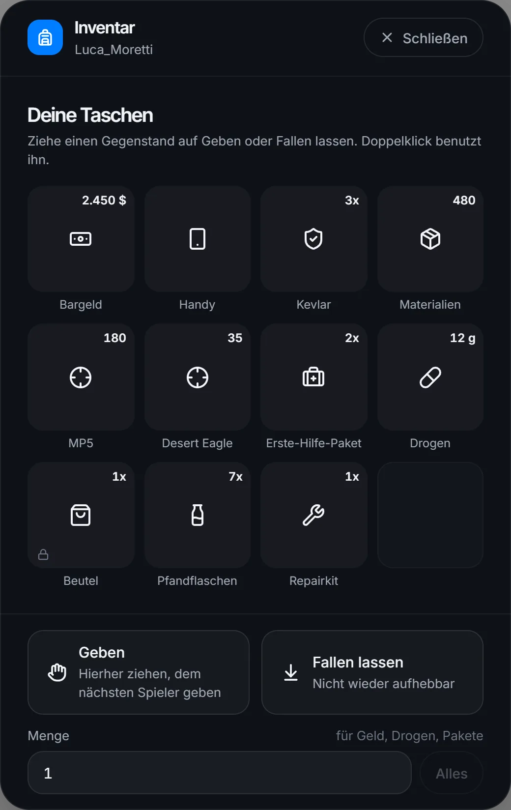 Das Inventar mit Handy, Kevlar und Materialien