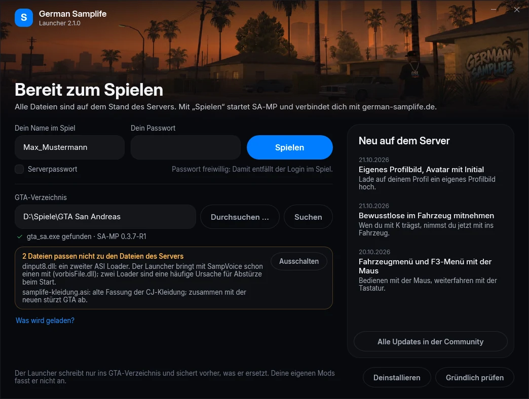 Hinweis auf einen zweiten ASI Loader und eine alte Datei, mit „Ausschalten“