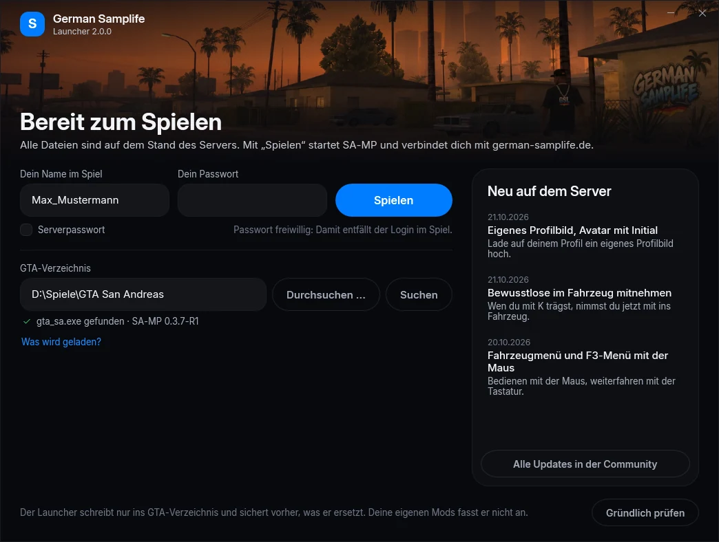 Name, Passwort, Spielen: Alles ist aktuell, rechts stehen die neuesten Updates