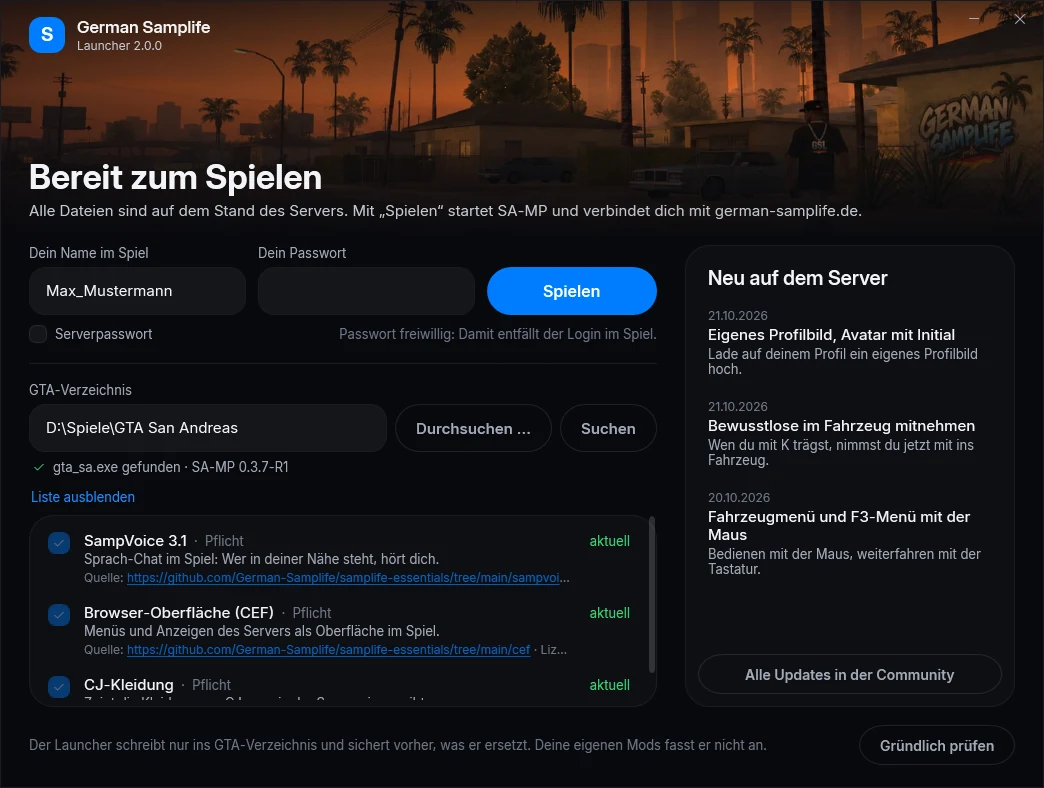 „Was wird geladen?“ zeigt, was der Launcher einrichtet und ob es aktuell ist