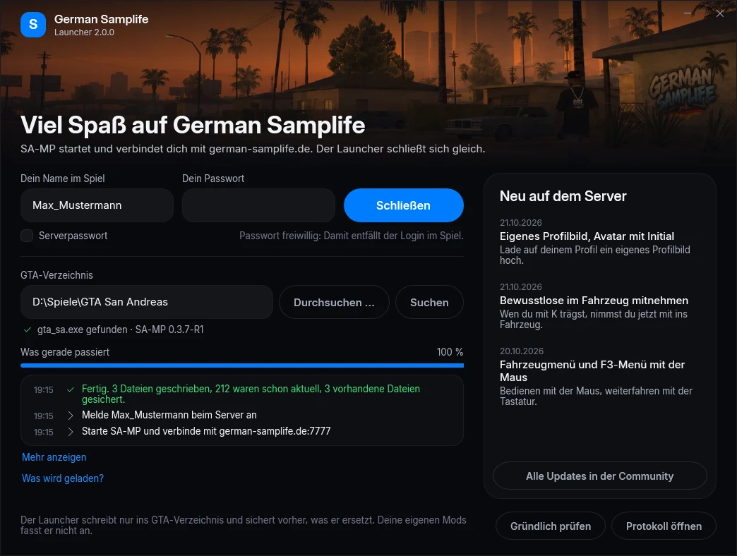 Fertig: SA-MP startet, der Launcher schließt sich