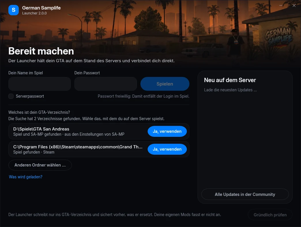Beim ersten Start bestätigst du dein GTA-Verzeichnis