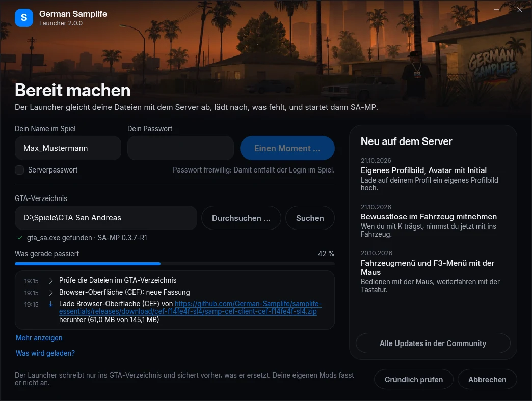 Vor dem Verbinden lädt der Launcher nach, was fehlt oder neu ist