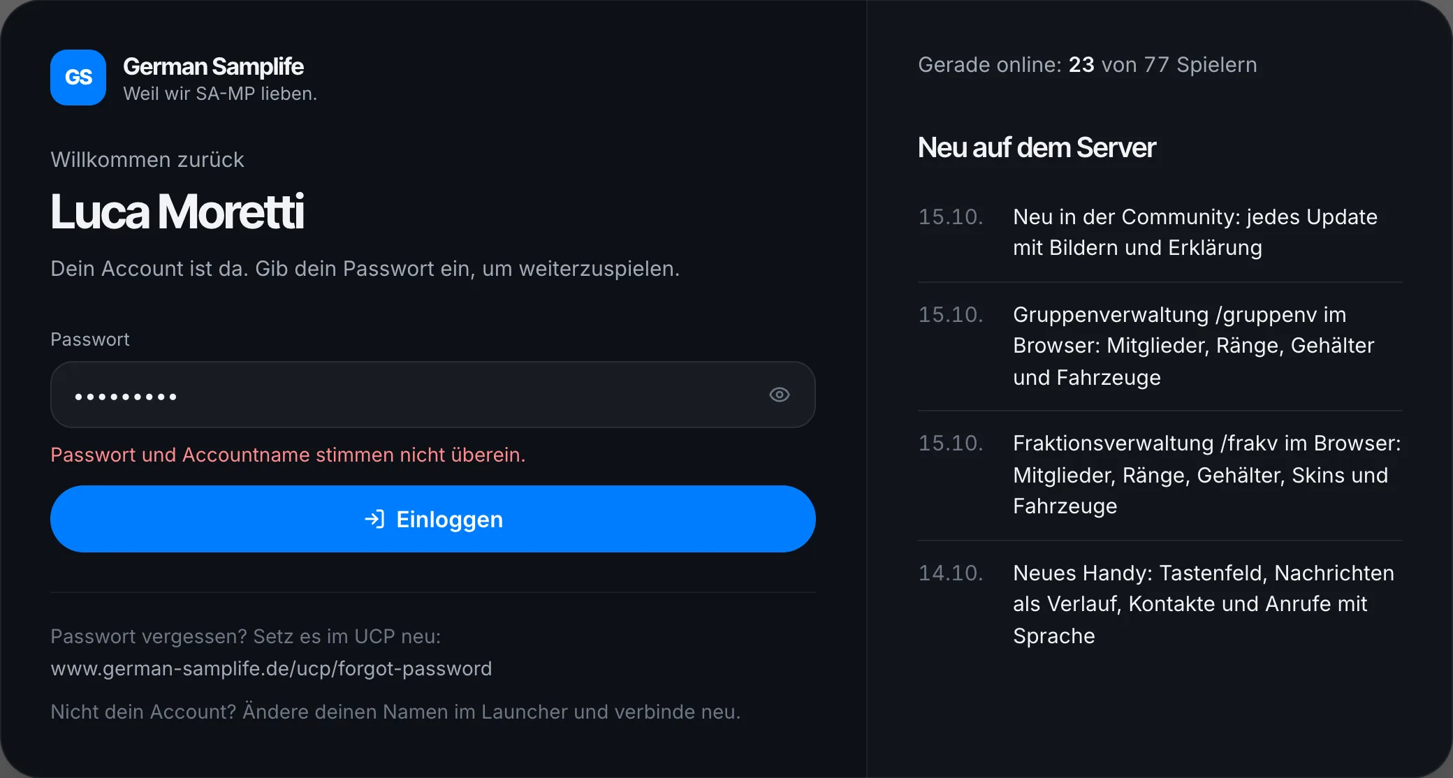 Falsches Passwort