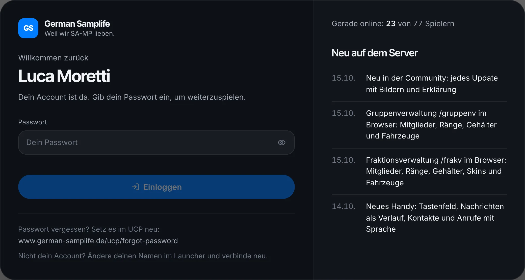 Login mit den Neuigkeiten