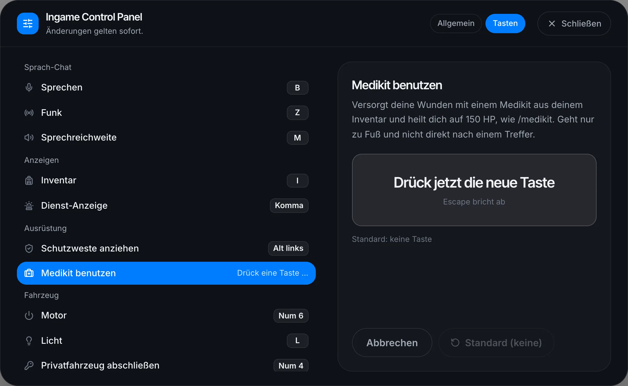 Im /icp: Taste für das Medikit wählen