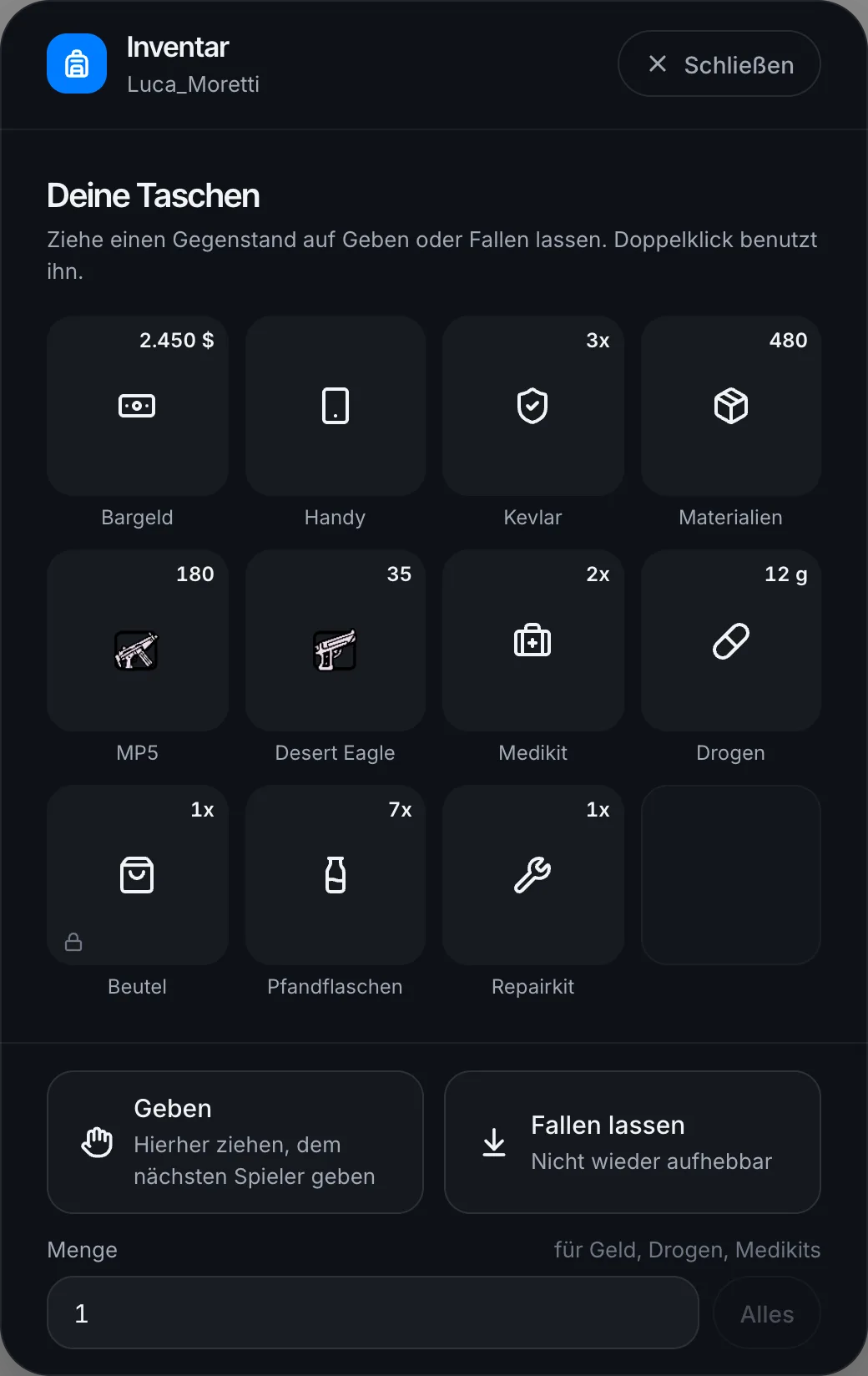 Das Inventar mit Medikit und Waffenbildern